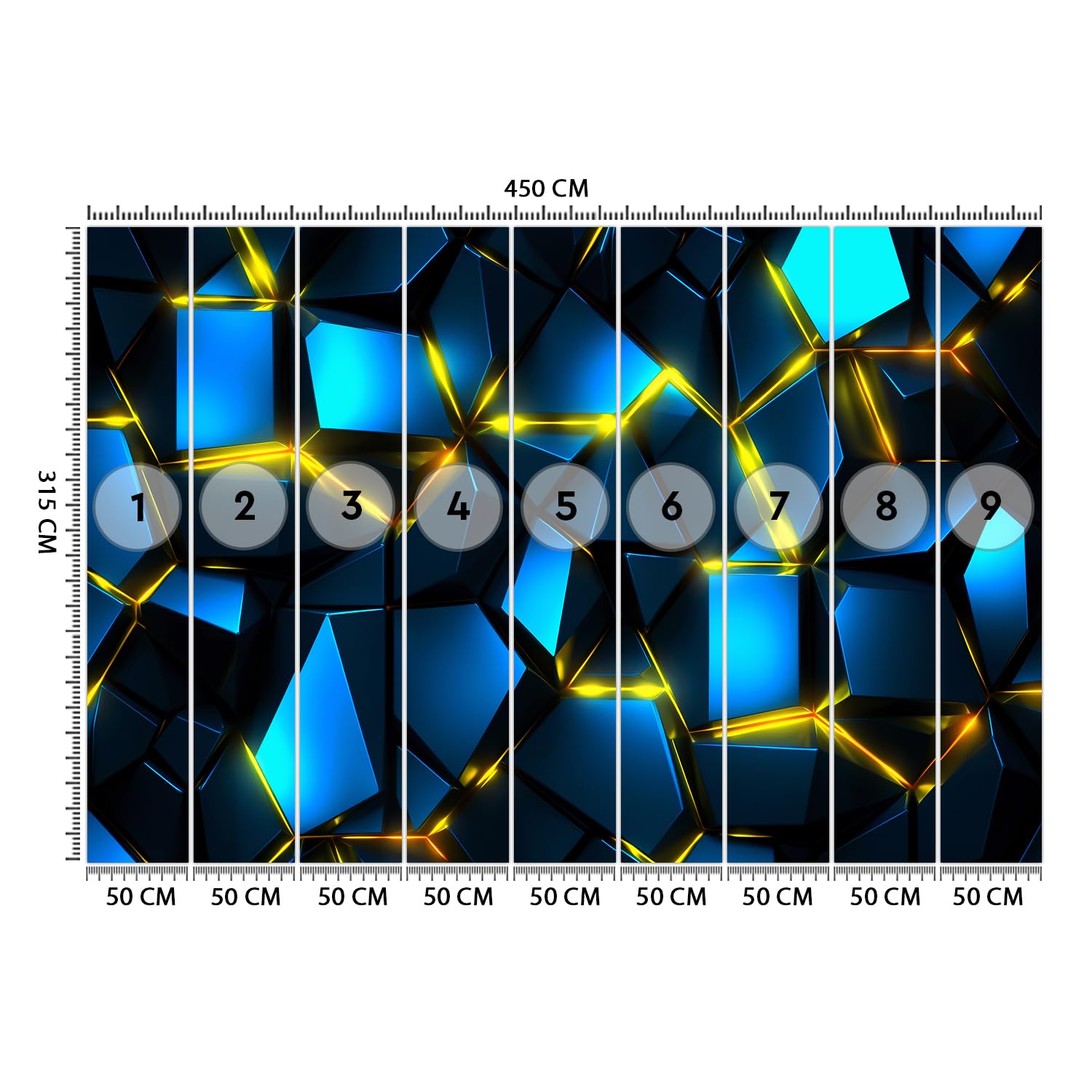 Feeby Carta Da Parati Neon Effetto 3D 450x315 cm blu XXL Decorazione Fotomurali Tessuto Non Tessuto Soggiorno Camera da letto Moderne Design Forme Geometriche