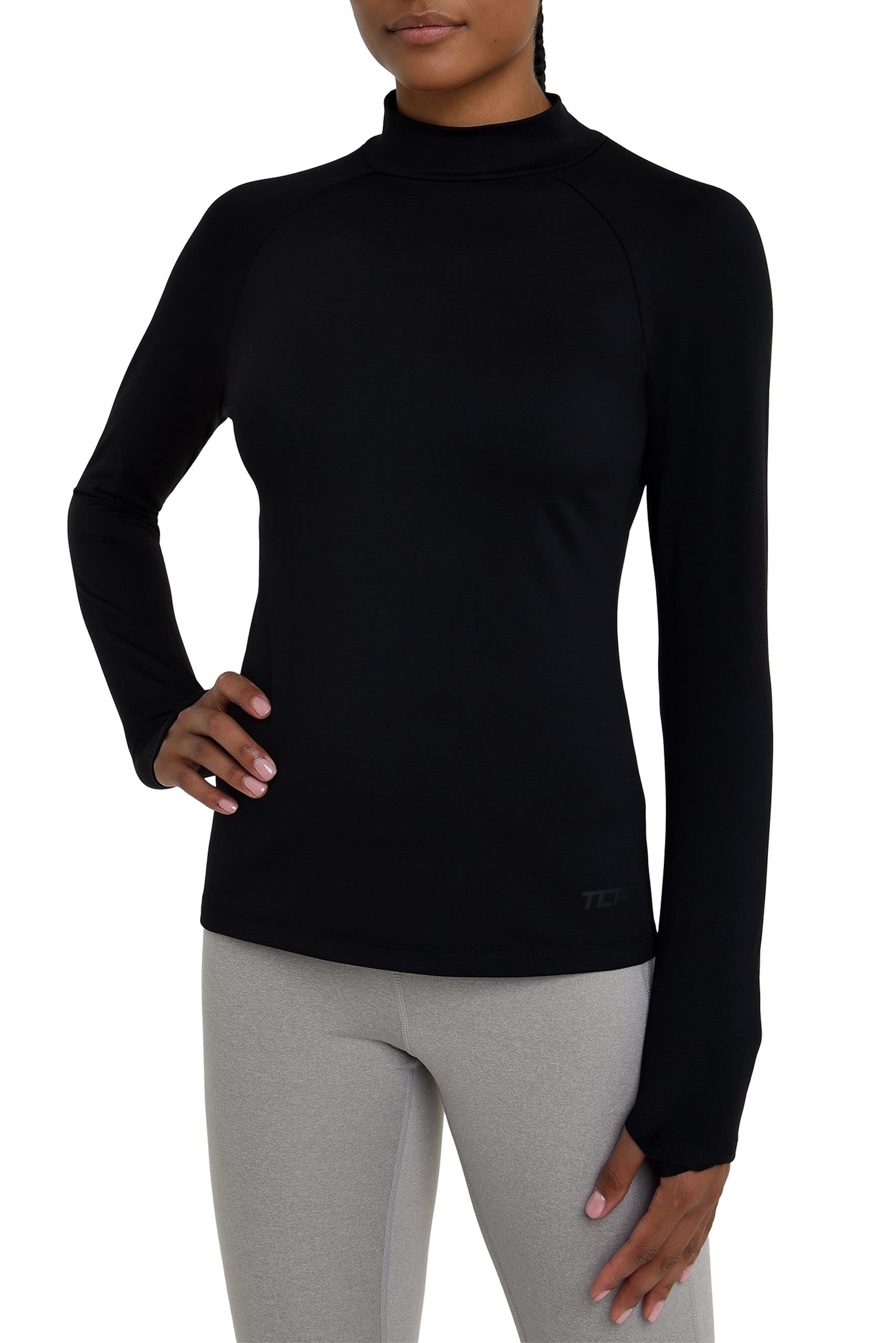 TCA Women's SuperThermal Long Sleeve Performance Base Layer Running Training Workout Top - Mock Neck - with Thumbholes - Black Rock, S