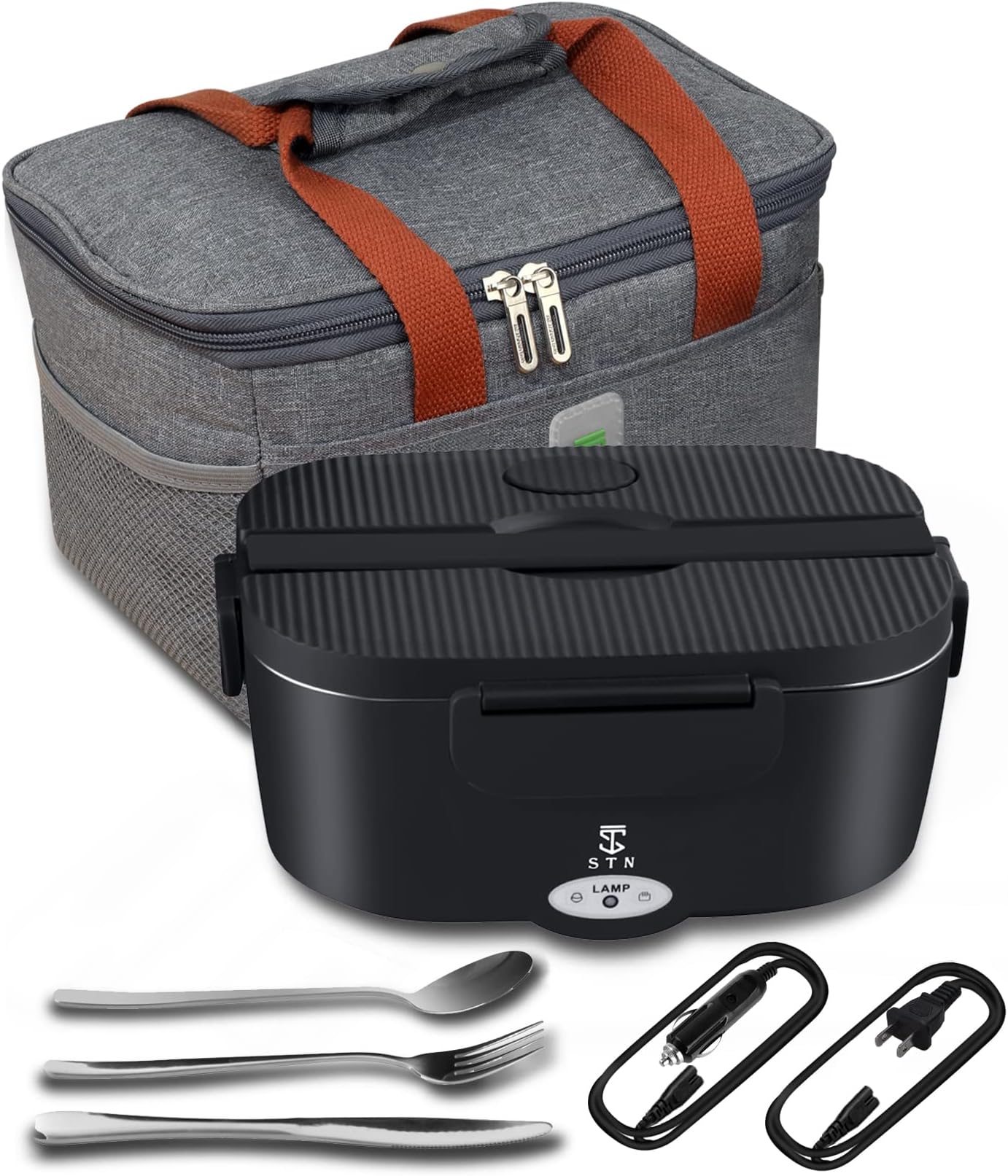 STN Heated Lunch Box,75W Electric Lunch Box Food Heater 1.5L Heated Lunch Boxes For Adults Work With Insulated Bags and Big Cutlery Set For 12V 24V 110V (Black)