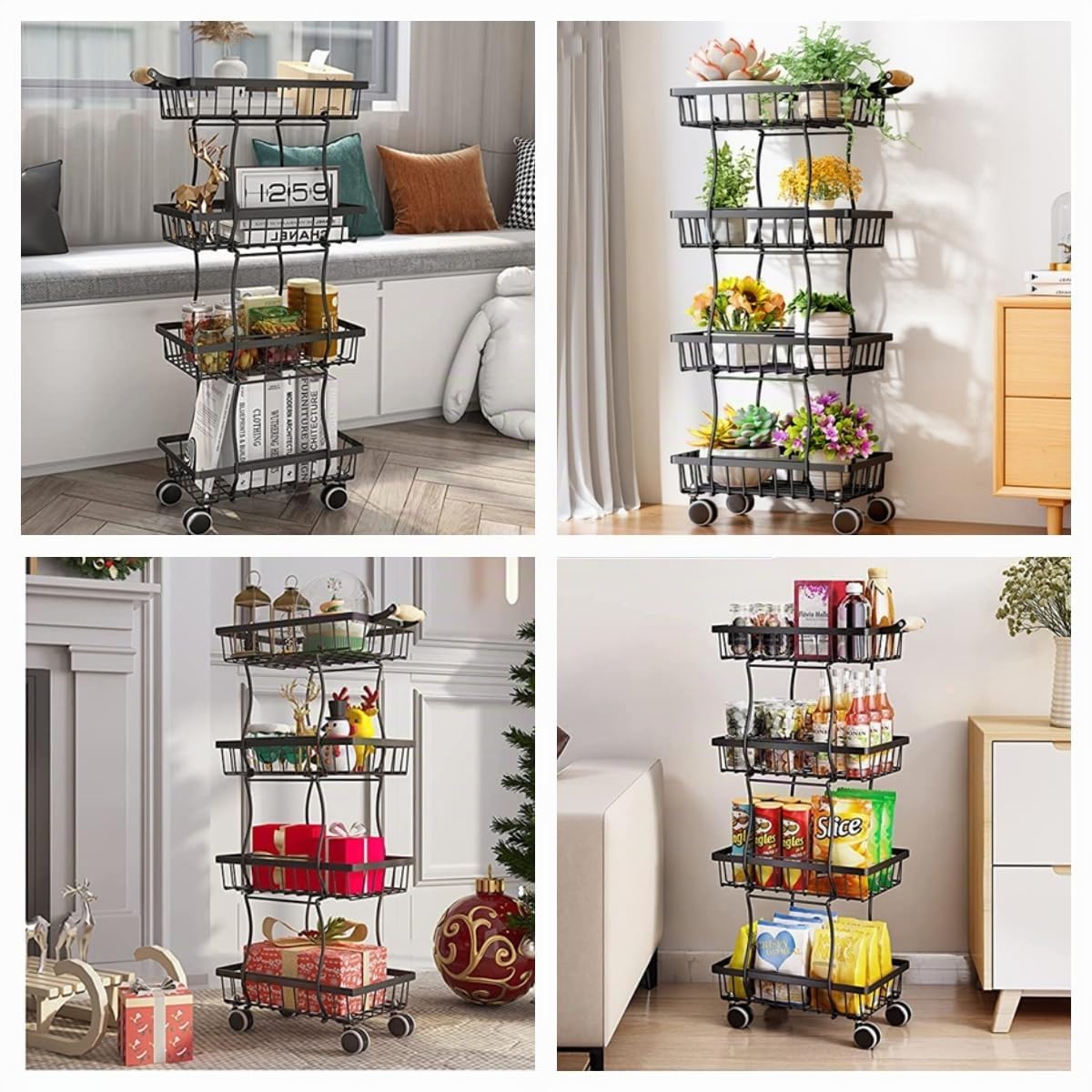 Cesto di frutta per cucina, carrello sottile in filo metallico con manico in legno e ruote, ripiano impilabile per riporre le verdure, può essere utilizzato anche in soggiorno, camera da letto e bagno