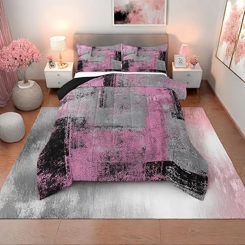 Juego de edredón rosa y gris, tamaño individual, color rosa, gris, negro, acuarela, degradado, teñido anudado, para niñas, mujeres, niños,