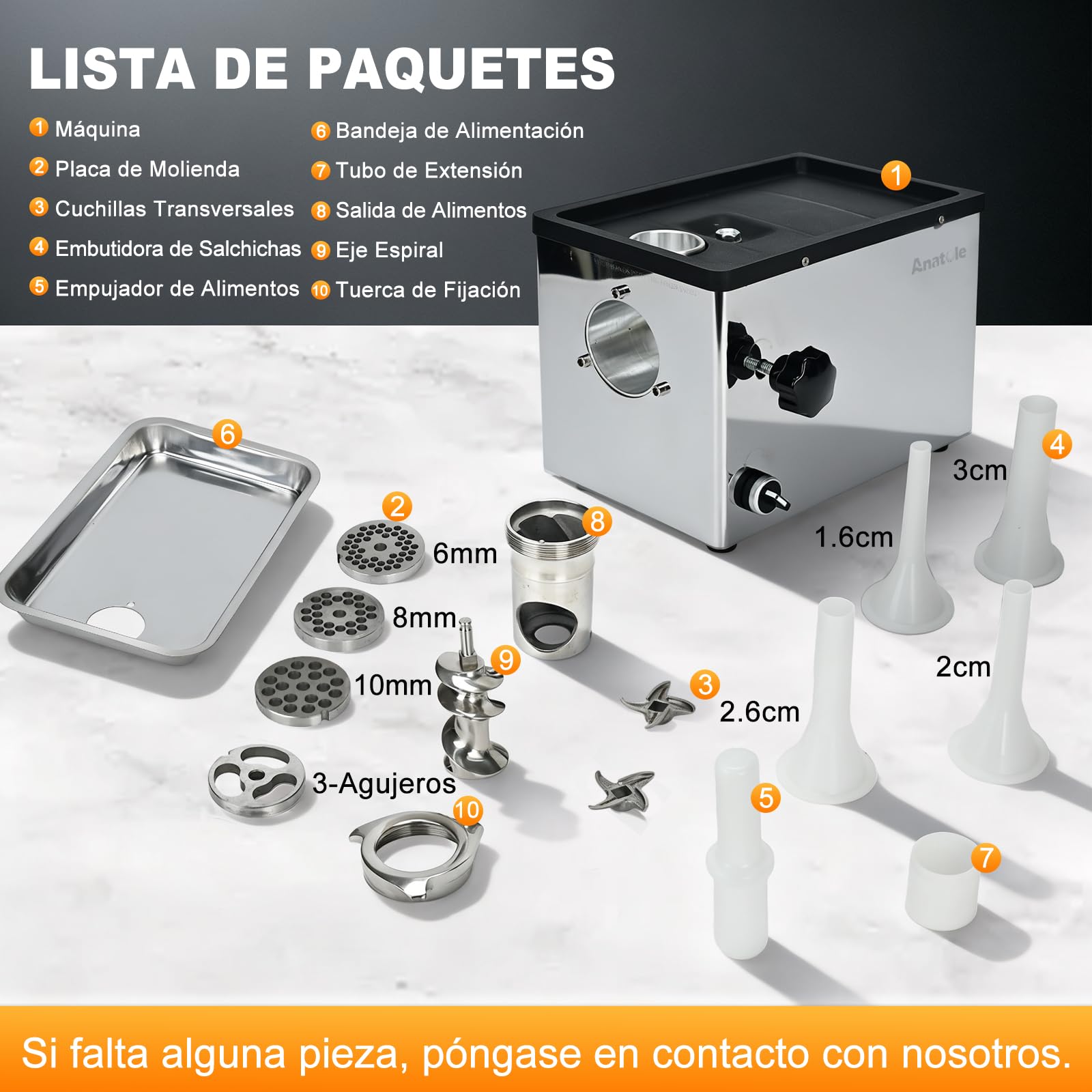 Anatole Picadora de Carne Eléctrica Comercial 1100W Acero Inox Integral | Triturador de Huesos, Apto para Lavavajillas, 4 Placas, 2 Cuchillas, 4 Embutidora de Salchichas, para Restaurante Casa, 220V