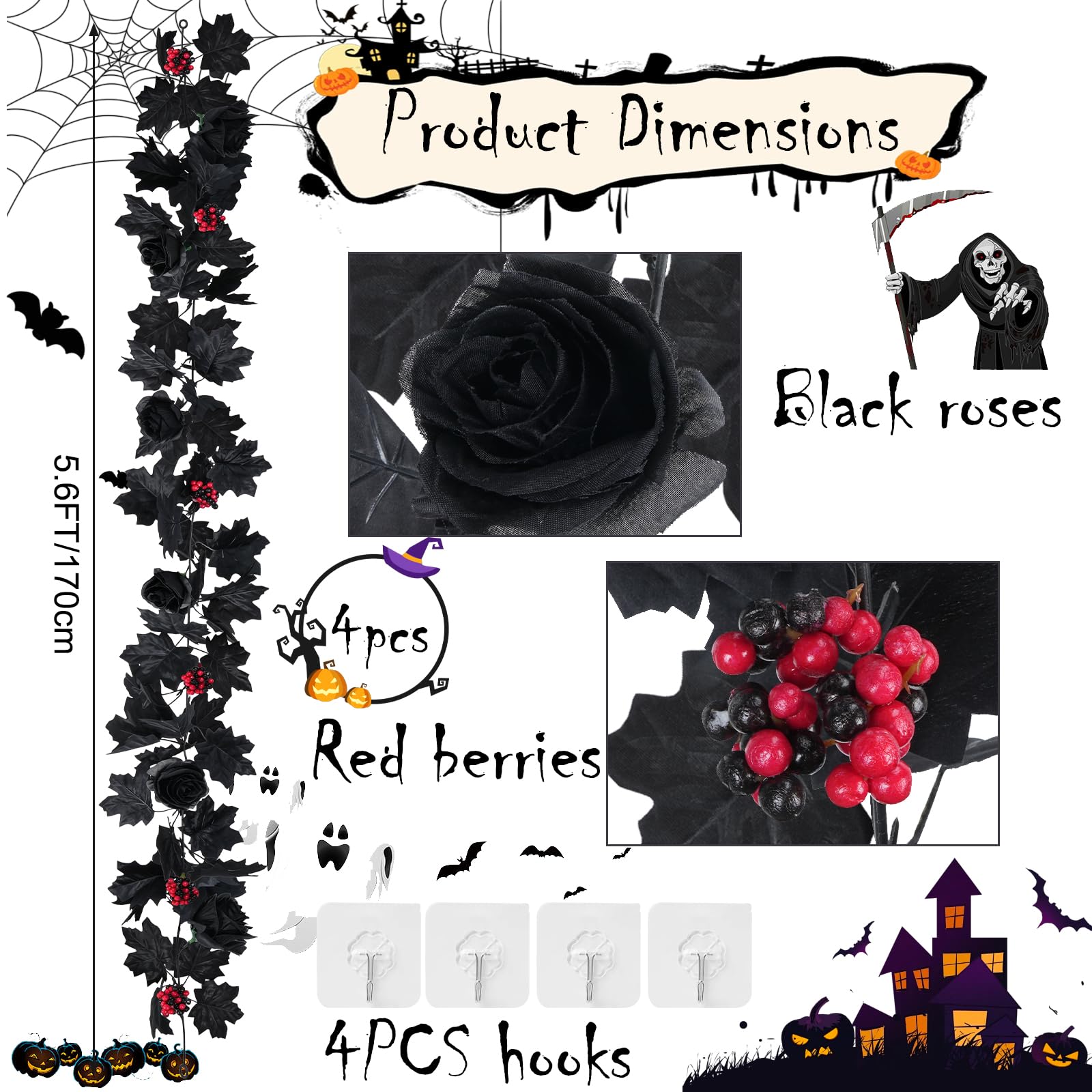 4 Pezzi 1,7 m Ghirlanda Halloween Nera con Foglie Autunnali e Rose