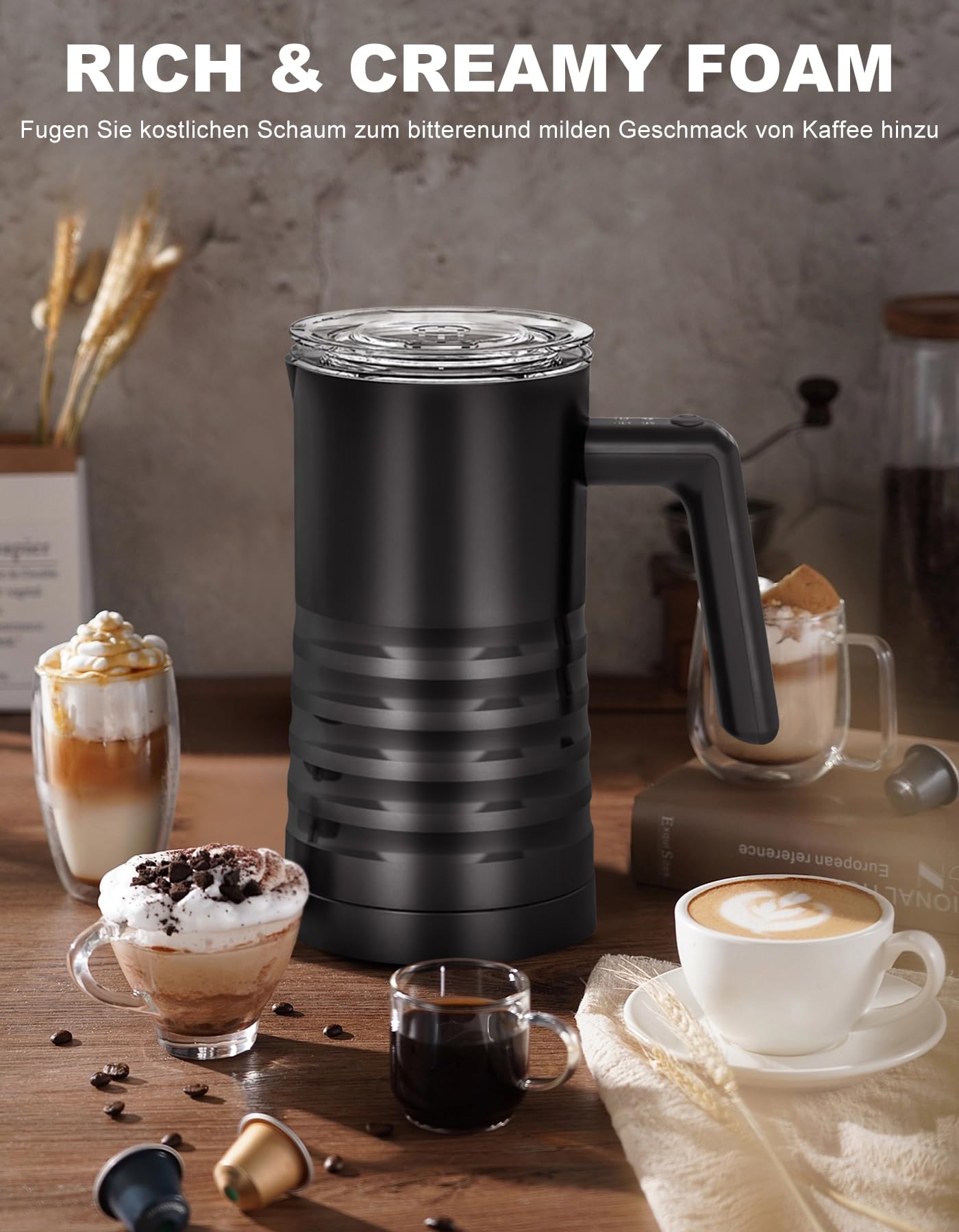 YESLUSY 4 in 1 montalatte elettrico, 580 ml, in acciaio inox, schiuma di latte caldo e freddo, scaldalatte per cioccolata calda, cappuccino, facile da pulire (nero)