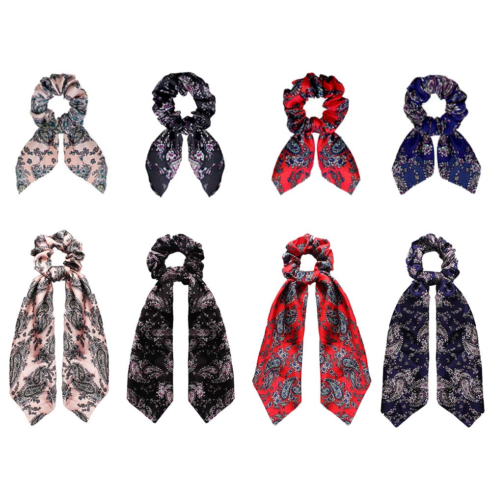 Assorted Paisley Print Scrunchies for Women and Girls - 8 Pcs Silk Hair Ties, Soft Elastic Ponytail Holders (Colorful)