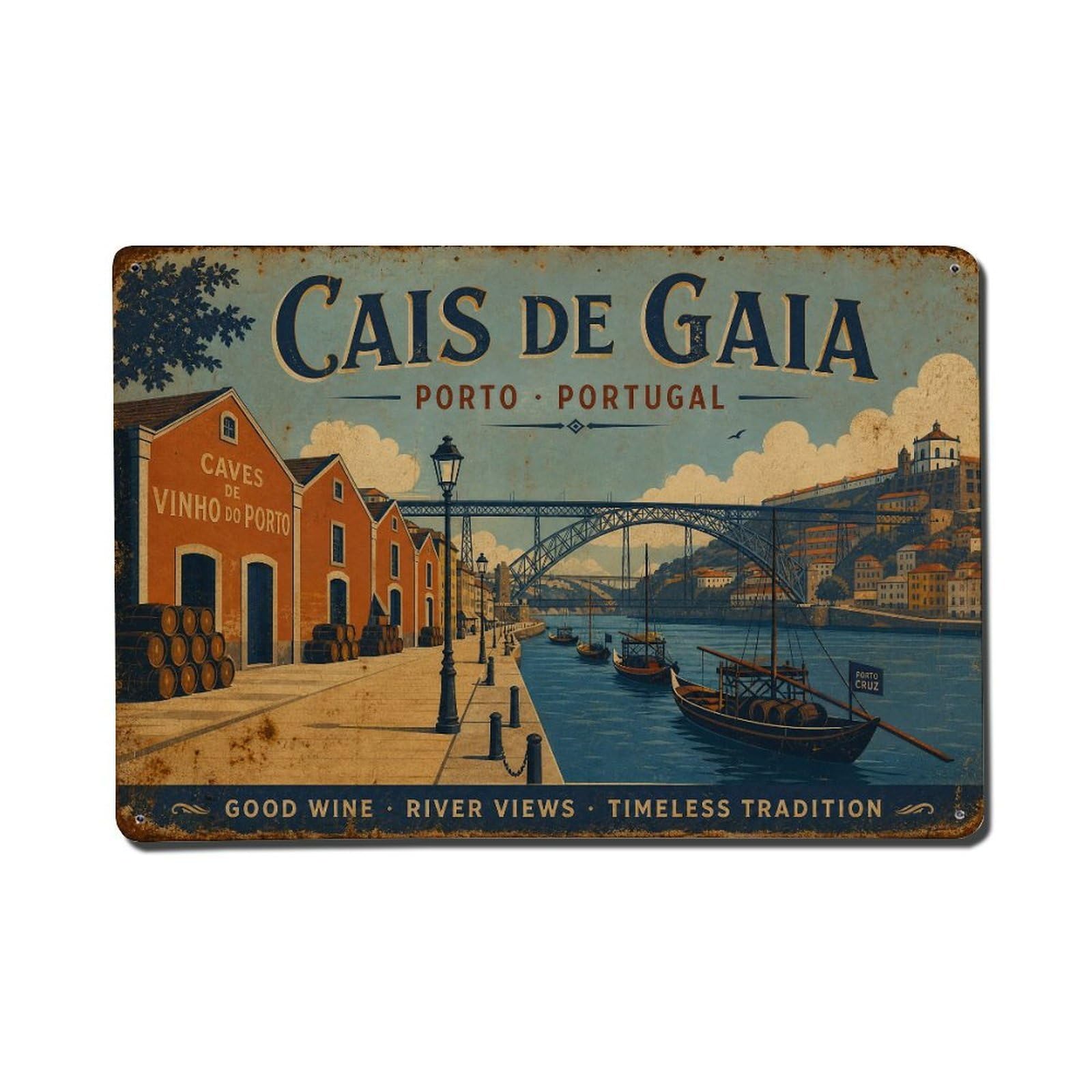 Vintage Travel Cais Gaia Waterfront Cellars View Portugal Metal Tin Sign
