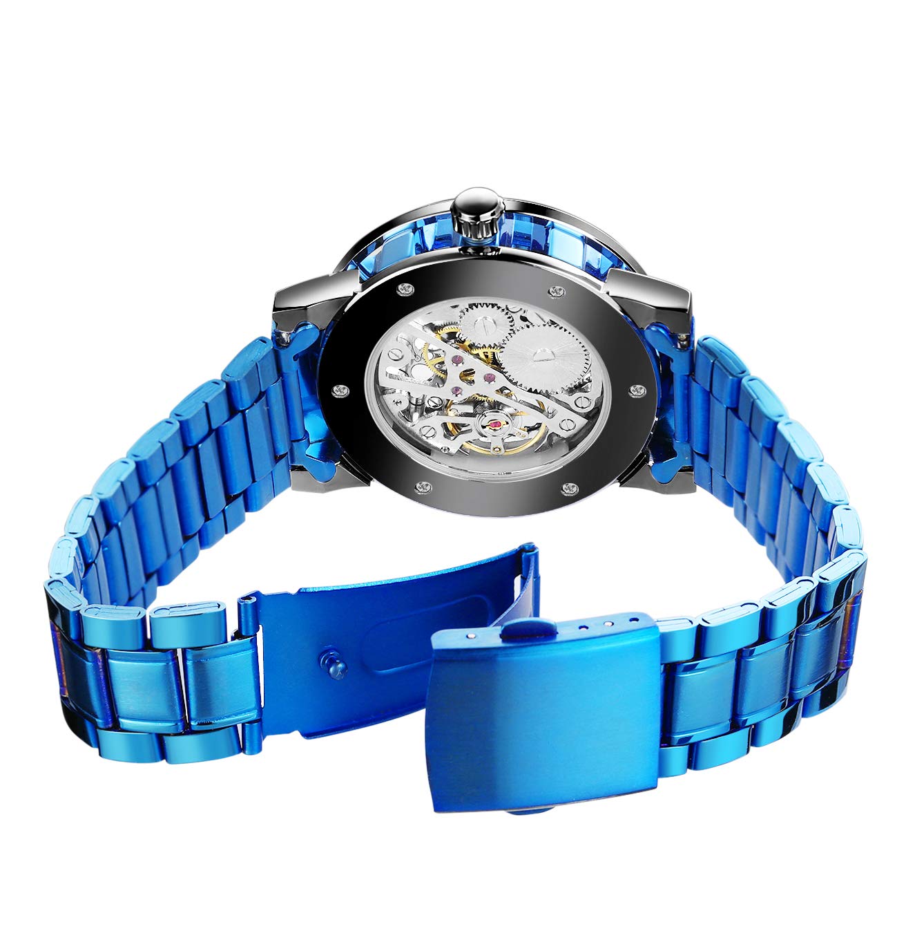 FORSINING Orologio da polso meccanico con movimento a diamante e numeri romani, 05-Blu Nero, Orologio a scheletro, meccanico