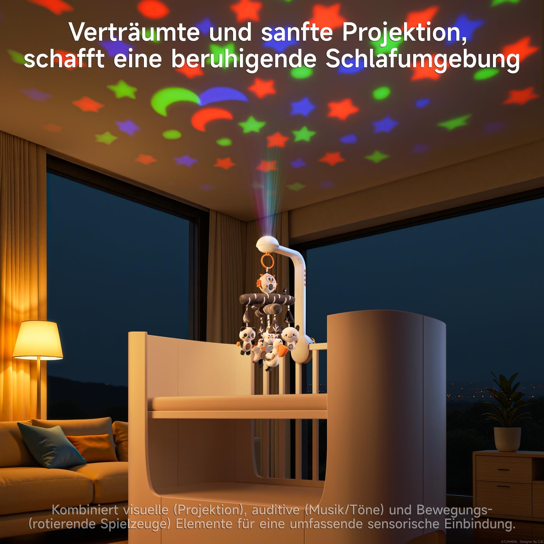 TUMAMA Baby Mobile Babybett Mit Musik, 3 In 1 Baby Mobiles Für Bett Mit Projektion Licht, Rotation, Musik Spieluhr, Drehbares Und Abnehmbares Greifspielzeug Zubehör Spielzeug Ab 0 2 3 6 9 12 Monate
