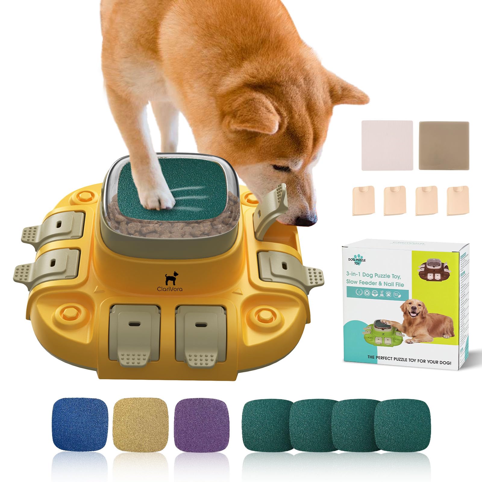 Interactive Dog Toys, ClariVory Slow Feeder Dog Bowls, Dog Nail File & Dog Puzzle for Mental Stimulation, Customizable Food Dispensing, Dog Enrichment Toys to Keep Them Busy, Puppy Toys, Yellow