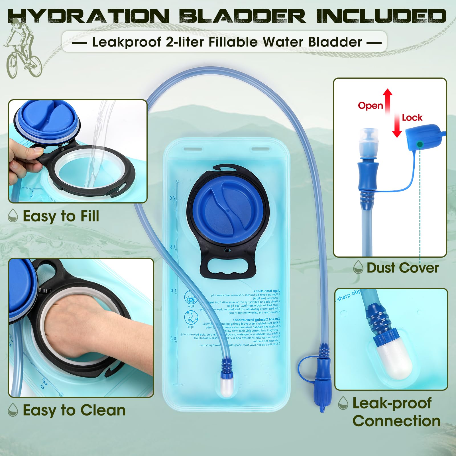 RAINSMORE Sac à Dos D'hydratation avec Vessie d'eau de 2L Sac à Dos Randonnée Moto Sport 18L Homme Femme Léger Isolé avec Housse de Pluie pour Course à Pied Cyclisme l'escalade Trail Running