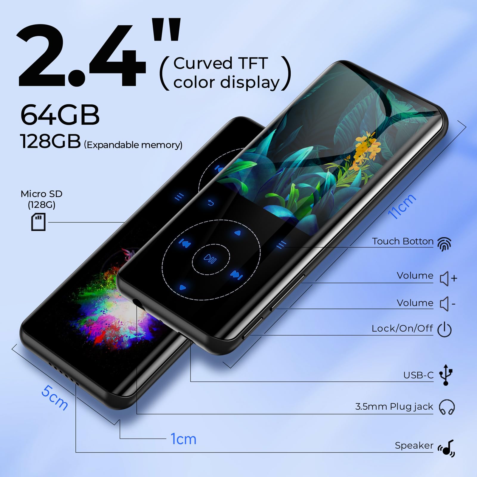 64GB Reproductor MP3 Bluetooth 5.3 con Diseño Metálico Curvo y Pantalla de 2,4 Pulgadas, Altavoz Integrado, Sonido HiFi Lossless, Teclas Táctiles, Radio FM, Grabadora de Voz, Ampliable hasta 128GB