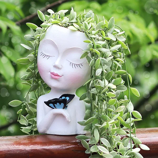 WEWEOW Face Planter/Flower Pot for Indoor Outdoor Plants Resin Succulent Planter with Drainage Hole Cute Lady Face Plant Pots
