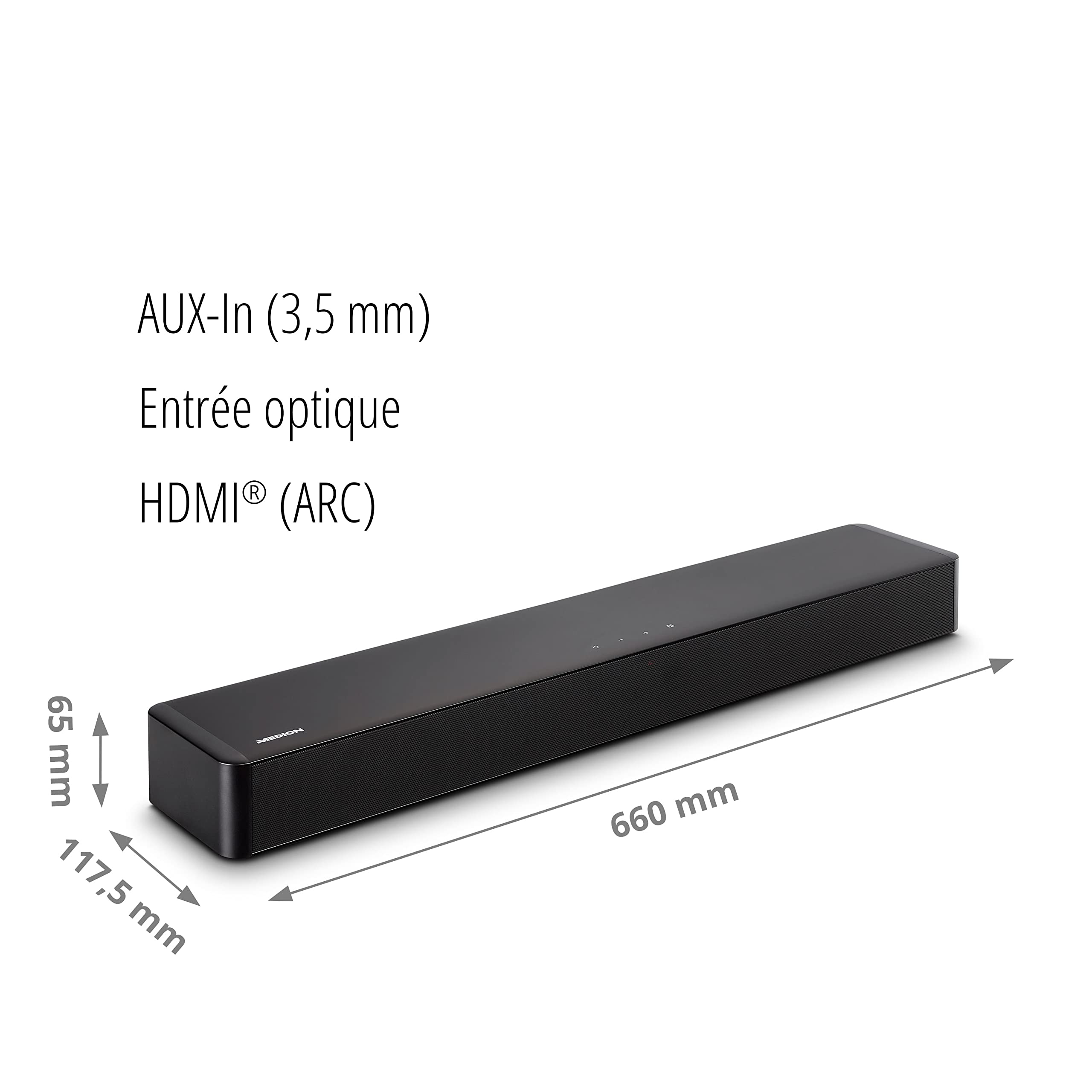MEDION P61155 Barre de Son TV 2.0 avec Bluetooth (HDMI Arc, entrée Optique, 2 x 30 W RMS, contrôle Tactile, télécommande Incluse, kit de Montage Mural)