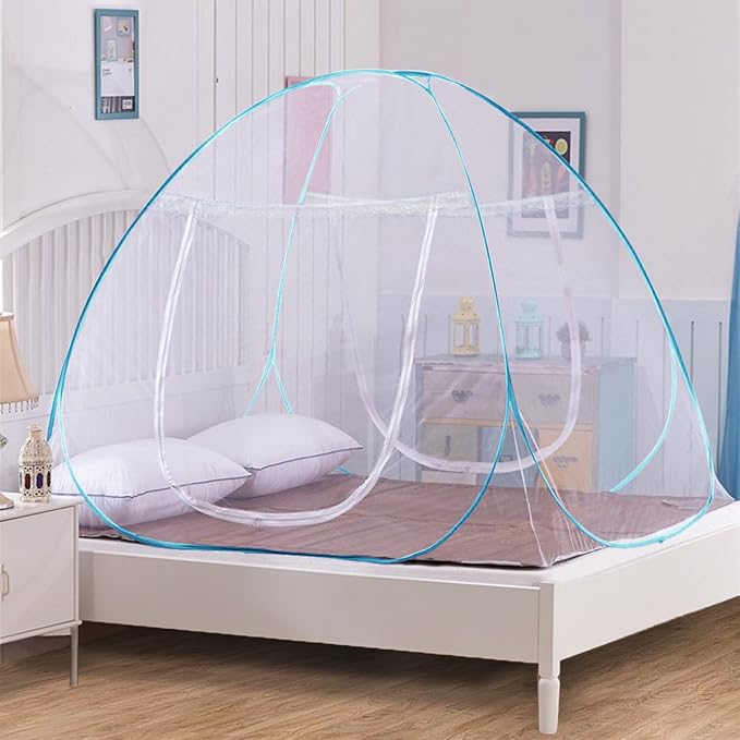 Story@home Foldable Mosquito Net, Aesthetic Net with Soft Mesh & 2 Side Zipper Openings, Fancy Mosquito Net for Indoor & Outdoor Use, King Size, Blue