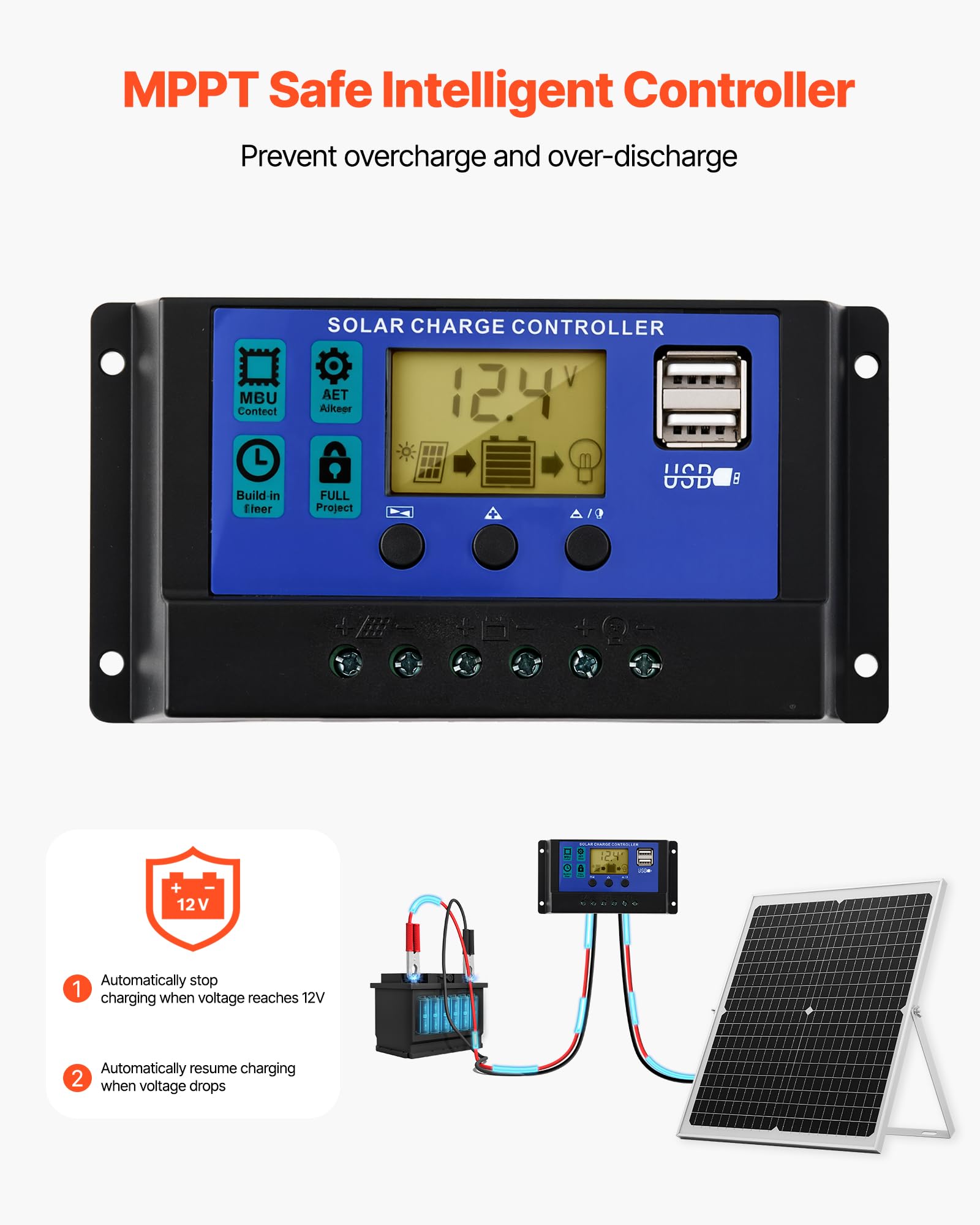 VEVOR Caricabatteria Solare 30 W 12 V MPPT Regolatore IP67 Impermeabile