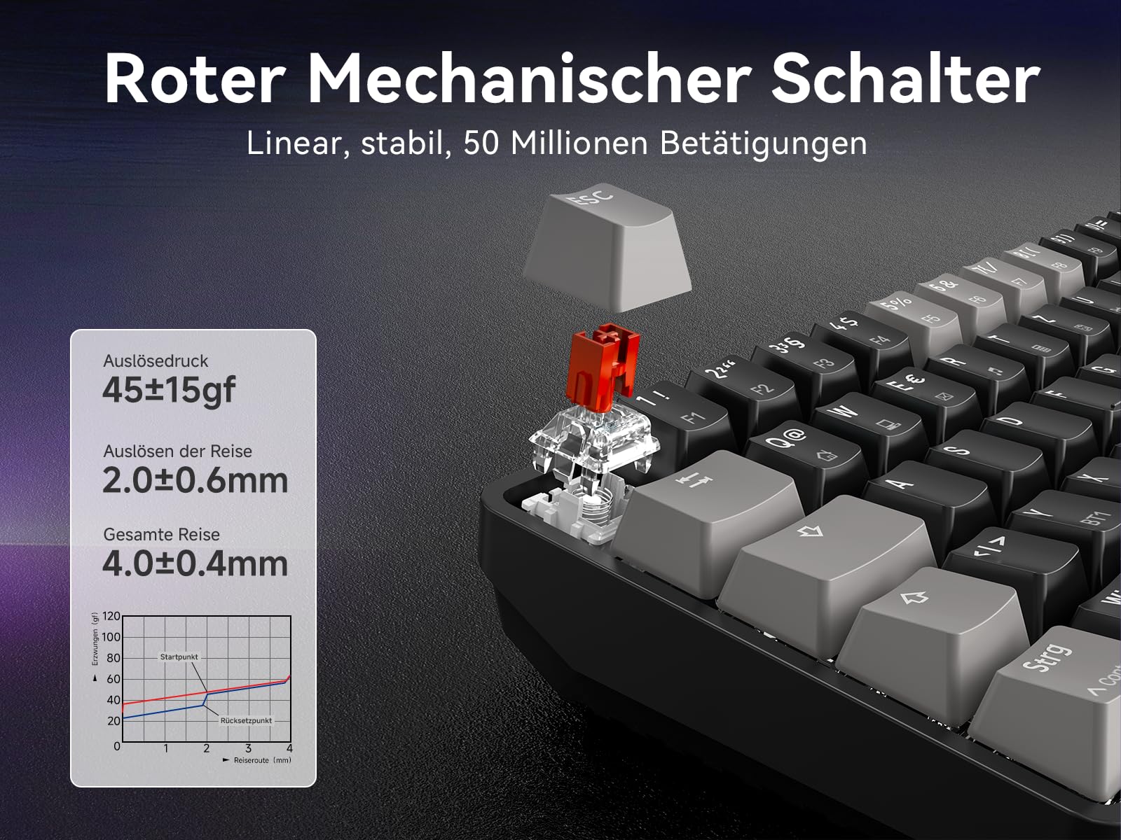 Dierya DK68 Kabellose Gaming Tastatur Deutsches Layout-QWERTZ,Bluetooth/2.4GHz/USB-C 68 Tasten RGB Beleuchtung Mechanische Tastatur,Linear Roter Switch,Grauschwarz