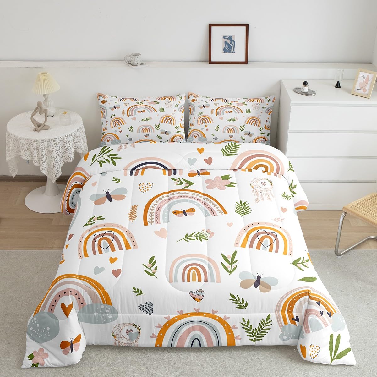 Feelyou Rainbow Comforter Set Twin Size with 1 Pillow Case Colorful Stripes Comforter Boho Rainbow Bedding Set Butterfly Quilted Duvet Set for Kids Adults
