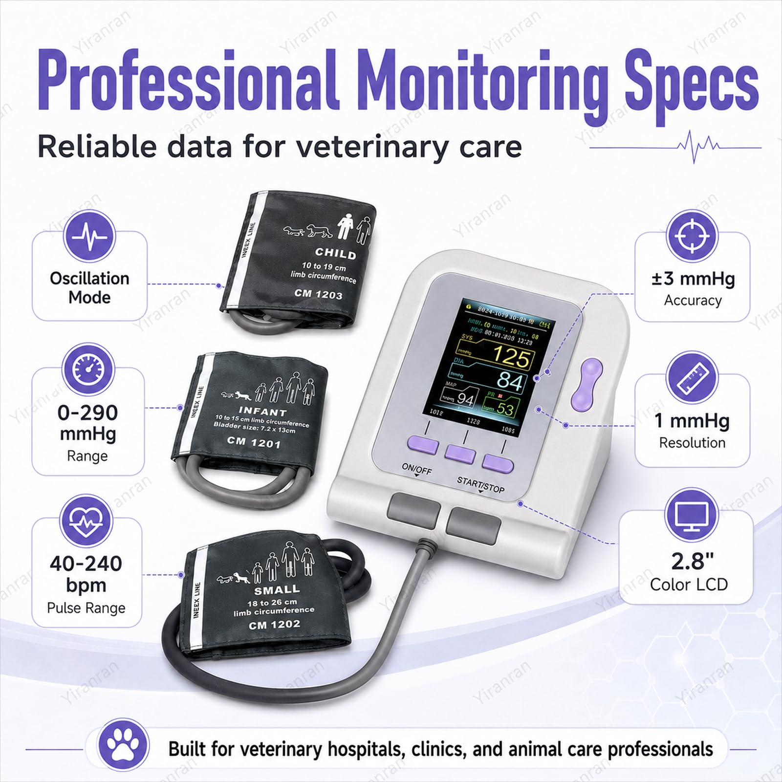 Monitor digital presión arterial veterinario con brazalete, medición automática la presión arterial, equipo veterinario, esfigmomanómetro electrónico 3 modos y 3 brazaletes, para el cuidado perros