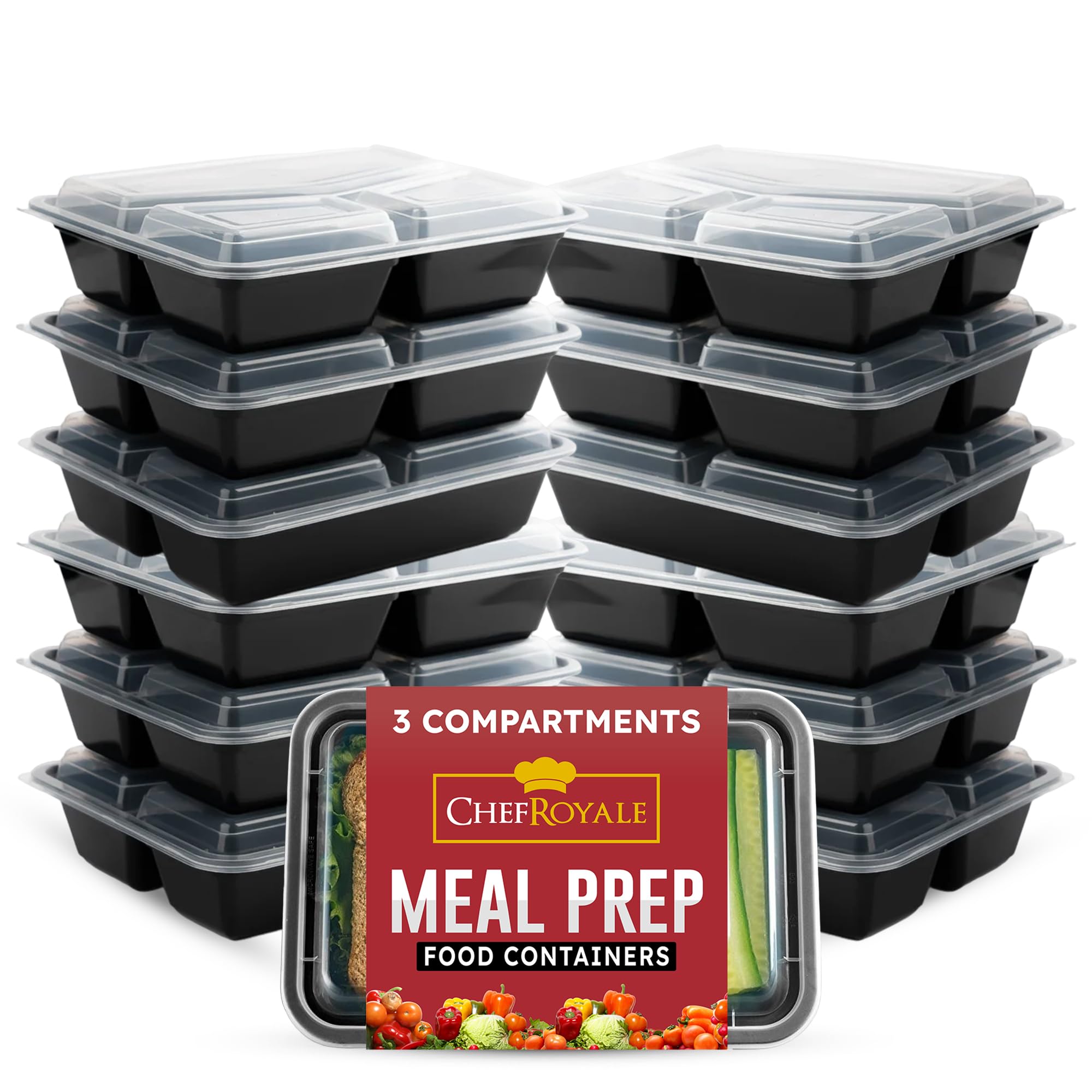Chef Royale Black Pack Of 12, 3 Compartments Meal Prep Containers- 28Oz Bpa Free Reusable Storage Containers With Airtight Lids - Microwave, Freezer, And Dishwasher Safe - Stackable Lunch Boxes (12 Pack)