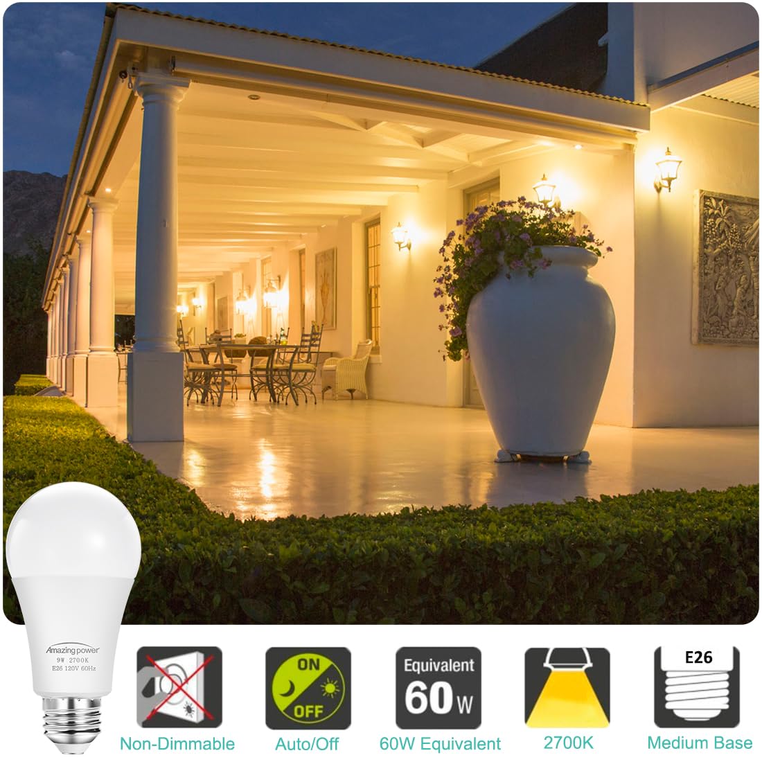 Amazing Power Dusk To Dawn LED Bulbs – 9W (60W Equiv), 825LM, 2700K Soft White, E26 Auto On/Off Sensor, 4-Pack For Outdoor Lighting