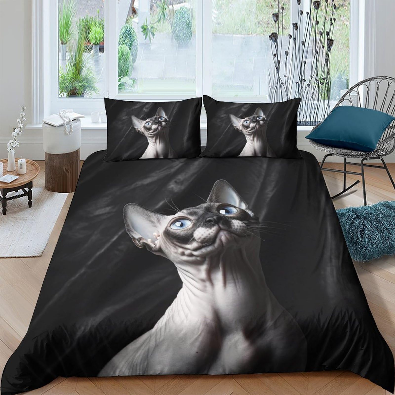 Ctjqhvkz Style-1 3D Printed Sphynx Cat Fitted Sheet Microfiber Black Artistic Cat Portrait Mattress Cover Bedroom Decor Easy Care Single（135X200cm）