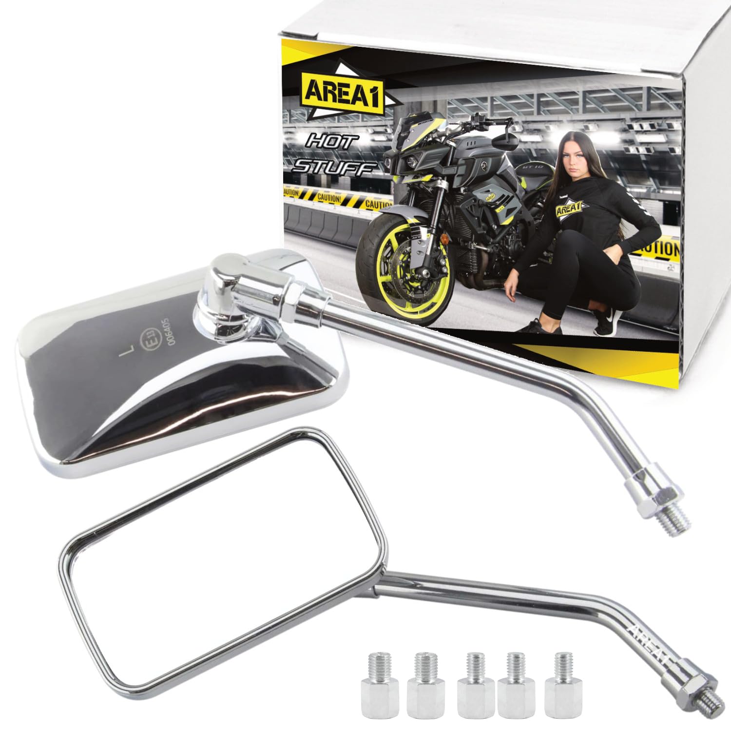 Area1 Set di specchietti per moto/Marchio di Omologazione E / 2xM10 destro, 2xM8 destro, 1xM10 sinistro, 1xM8 sinistro/adatto per Scarabeo 125 200 250 / Arrecife, Atlantic 500 (V36