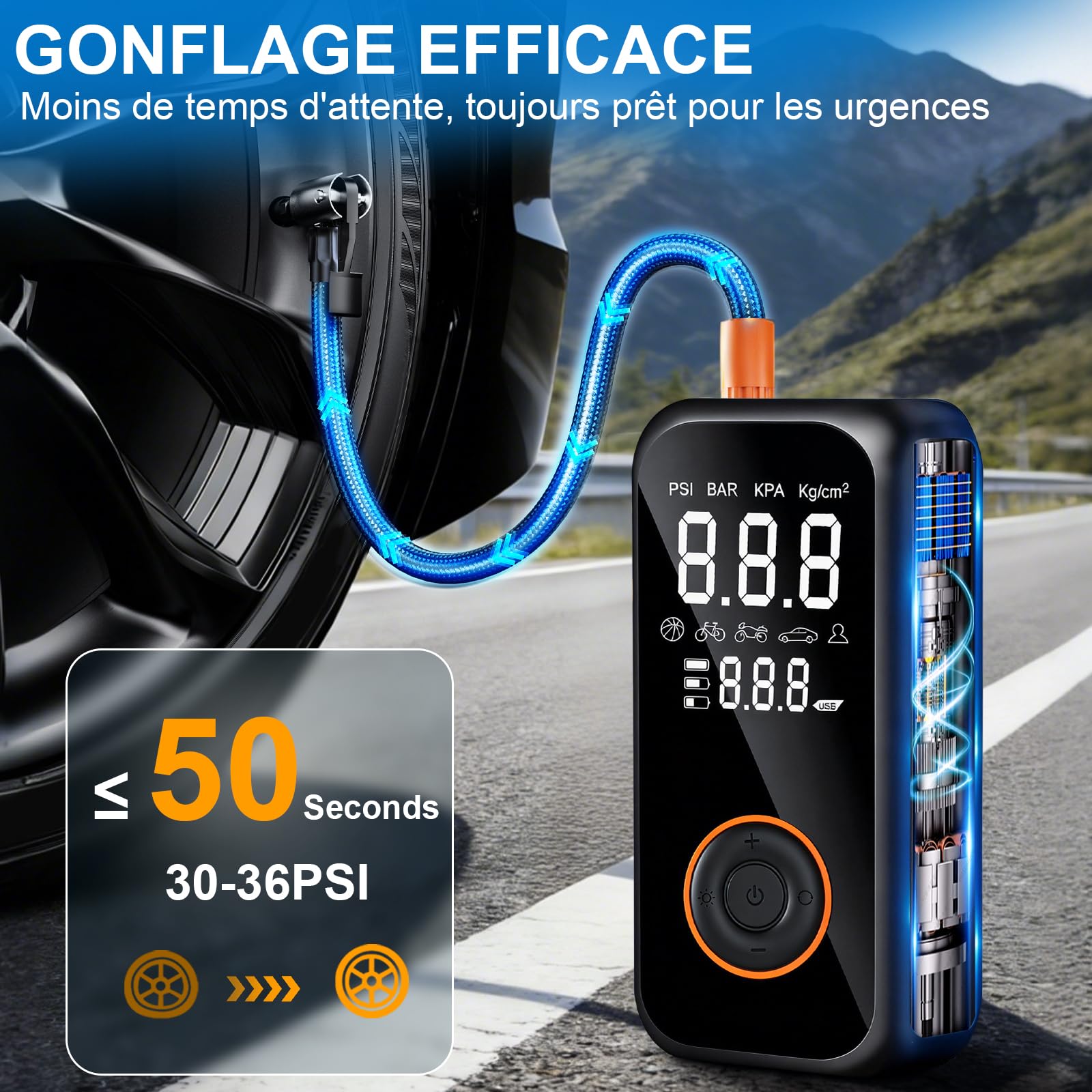 Gonfleur Pneus Voiture Sans Fil, 8000mAh Mini Compresseur à Air Portatif, 150PSI Pompe a Velo Electrique avec écran LCD numérique et lampe de poche LED,Gonfleur Pneu pour Vélo,Voiture,Moto,Ballons