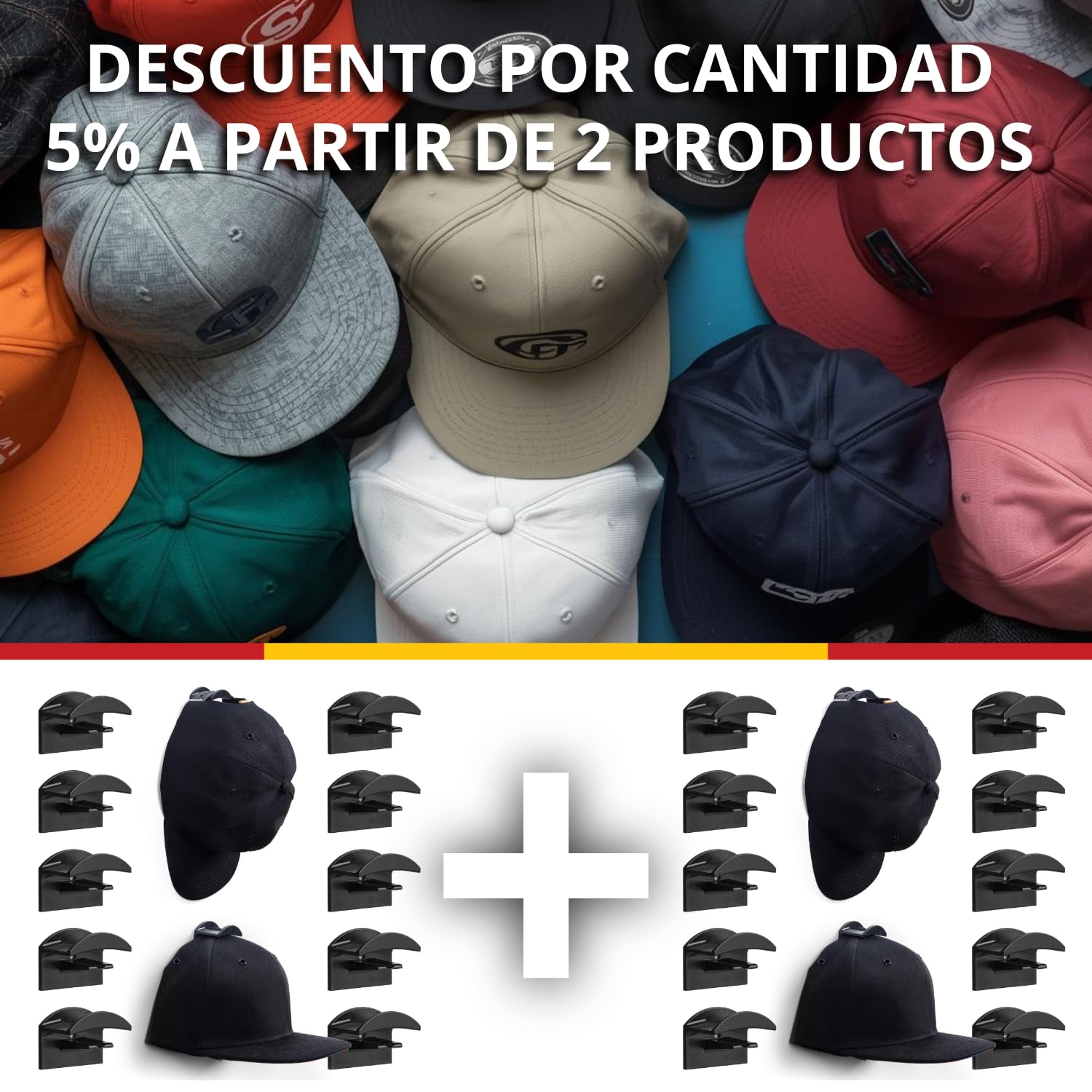Colgador Gorras Organizador Negros – 10 Ganchos Pared (2 en 1 Adhesivo o Tornillos) Perchero Modular para Gorra Abrigo Ligero Auriculares Llaves Cuelga Hasta 1 Kg Estilo Moderno para Hogar y Armario