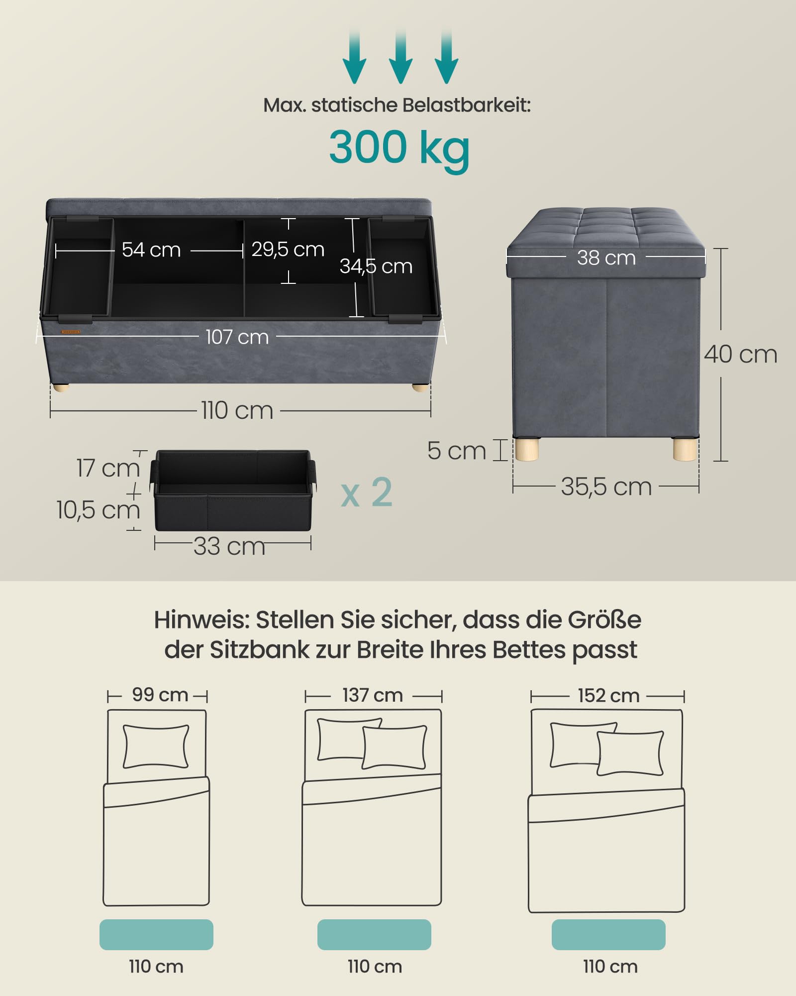 SONGMICS Sitzbank mit Stauraum, Hocker faltbar, 38 x 110 x 40 cm, Aufbewahrungsbox mit Deckel, Fußhocker 112 L, Samt, bis 300 kg belastbar, Flur Wohnzimmer Schlafzimmer, schiefergrau LSF0518G02