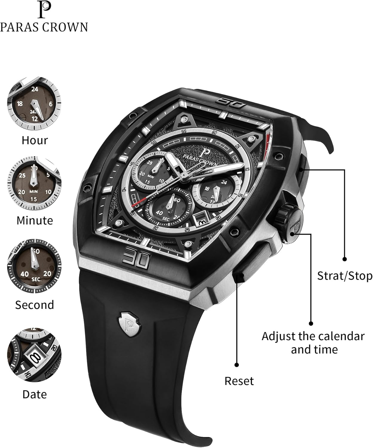 Paras Crown Watches for Men Tonneau 5ATM Waterproof Quartz Luxury Chronograph Analog Men's Wrist Watches Stainless Steel Case Mens Watches - Image 4