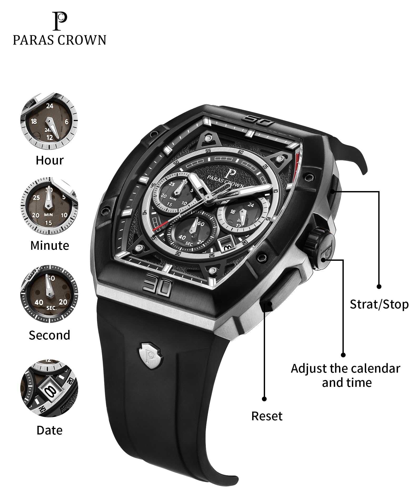 Paras Crown Uhren Herren Chronograph mit 3 Zifferblättern, Datum & Stoppfunktion, Japanischem Quarz – Uhr für Herren Armbanduhr, Silikonarmband, 5ATM wasserdicht & Leuchtzeiger
