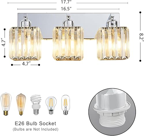 Miniatura 5 de Moderna lámpara de tocador de baño de 3 luces de cristal cromado moderno sobre espejo cromado iluminación de tocador de cristal aplique de pared