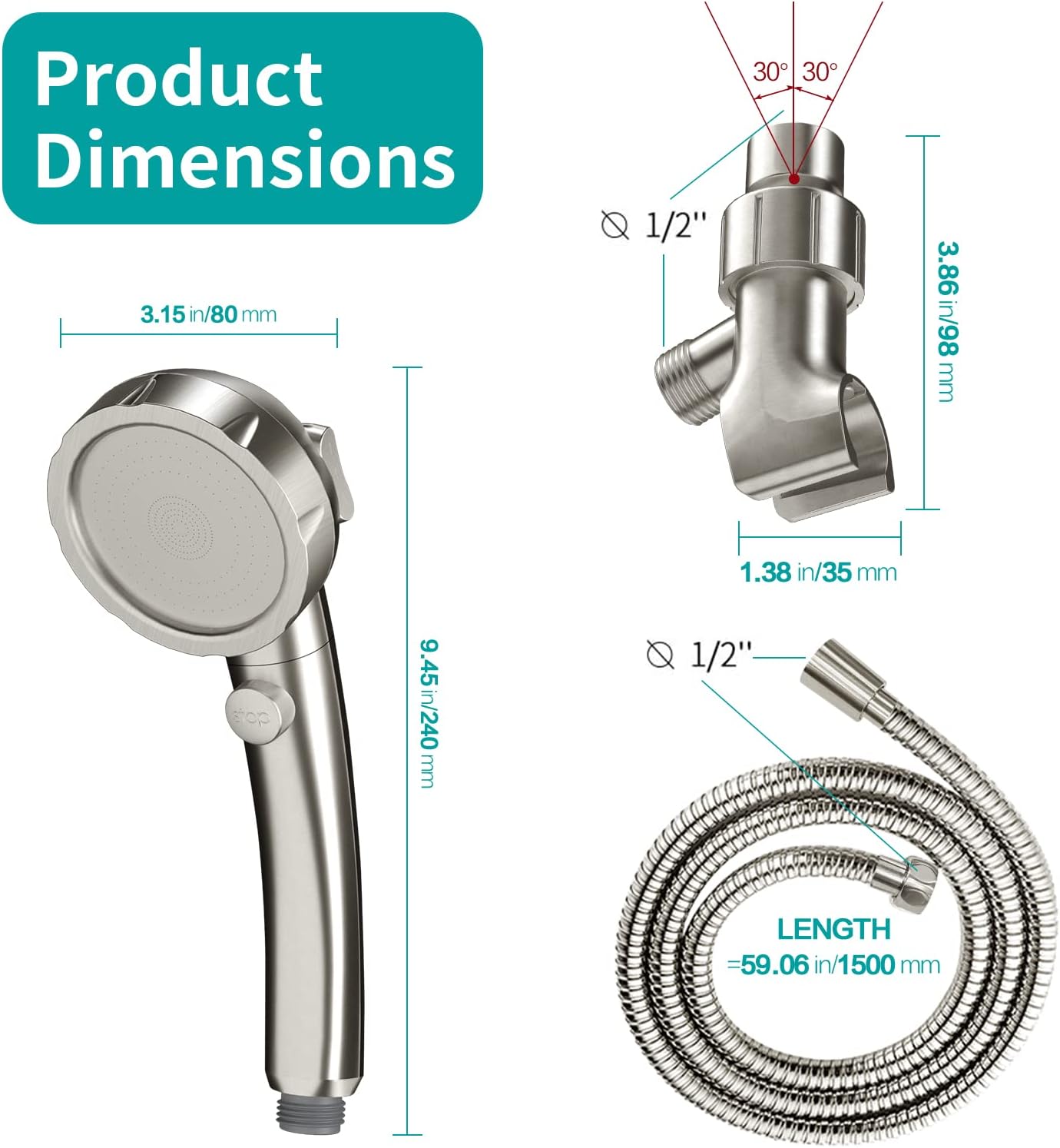 MIAOHUI Modern Handheld Shower Head with On Off Switch, High Pressure Shower Head with Handheld, 3 Spray Settings Removable Shower Head with Hose, Angle Adjustable Shower Bracket (Brushed Nickel)