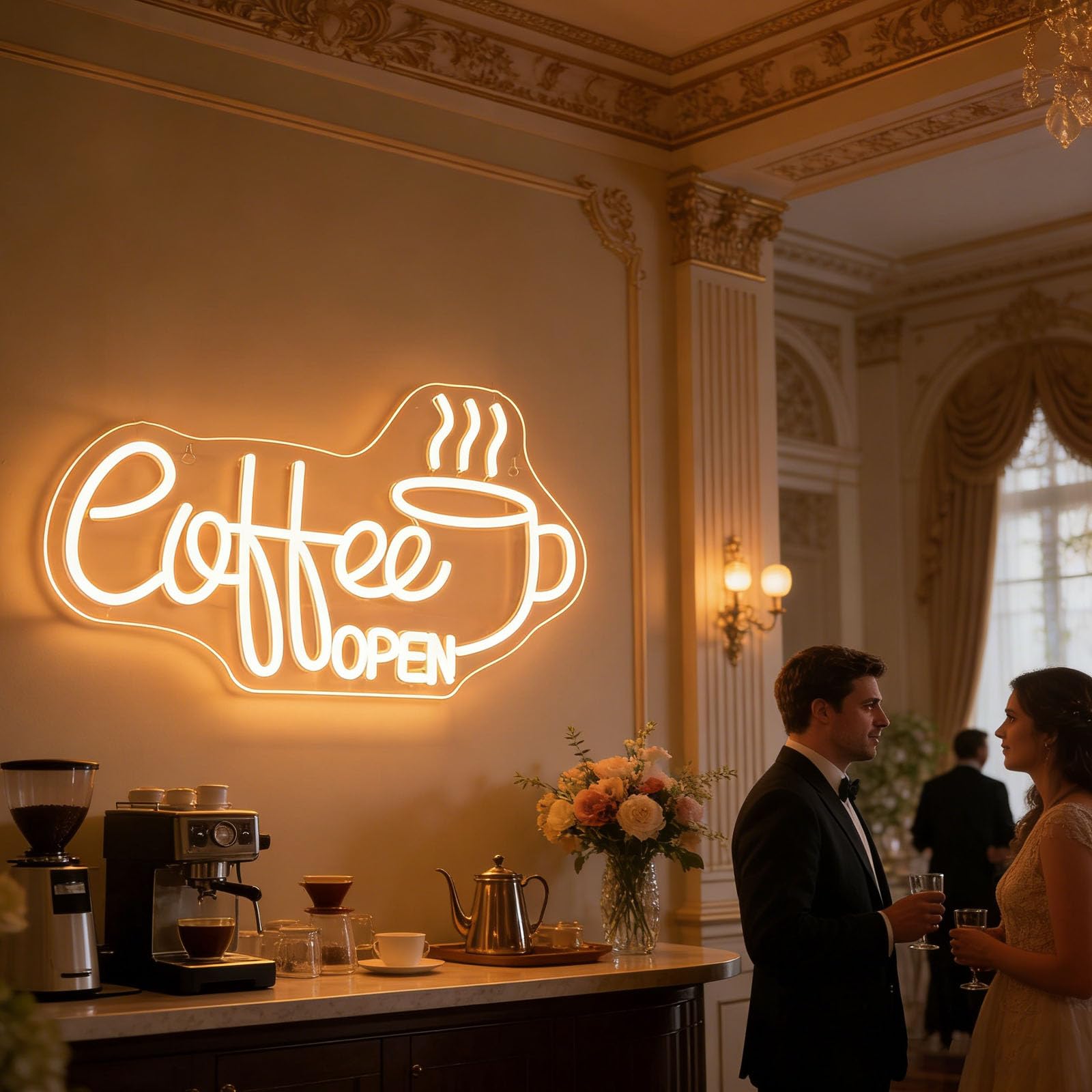 Coffee Open LED Neon Sign Modern Acrylic Wall Art for Coffee Shop Business Club Home Decor Night Light (5V 16.53"x9.84")