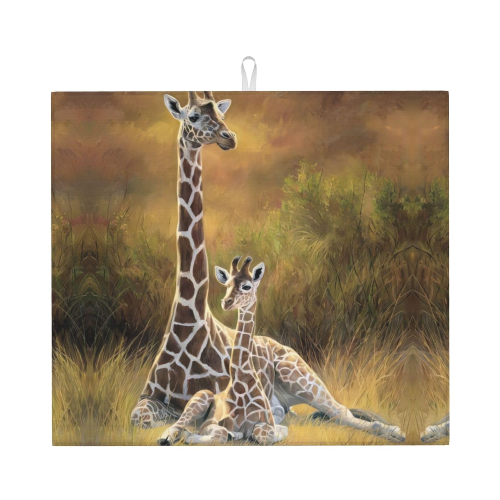 YYHWHJDE Giraffe Mum And Baby Prints Kitchen Drying Mat - Absorbent Dish Drying Throw with Vibrant Prints, Quick-Dry Countertop Layer for Dishes & Appliances - Non-Slip & Foldable