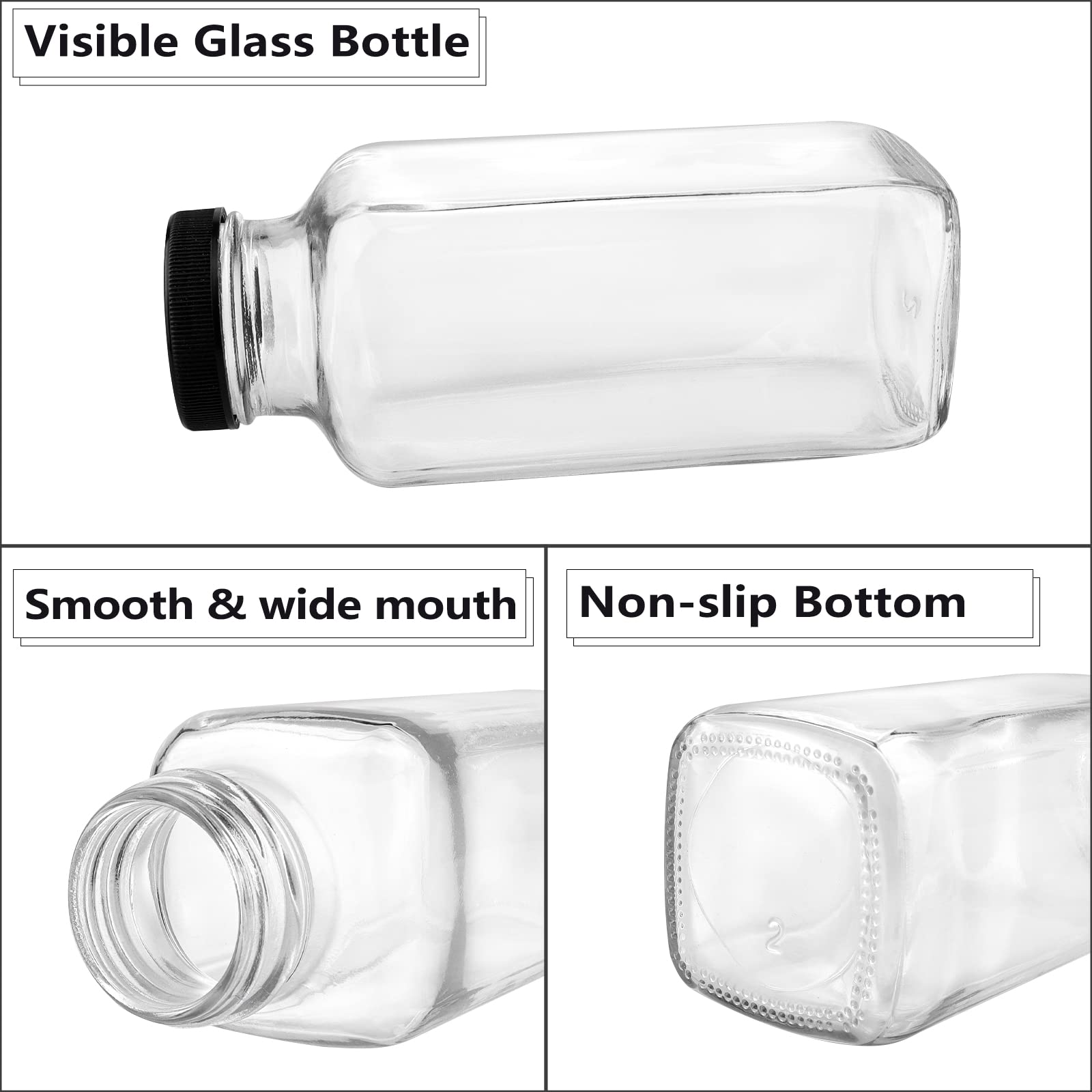 Amazon.com: GUANENA 12 Pack Glass Drink Bottles, 12 OZ Vintage Square Water  Bottles with Lids, Juice Bottles Beverages Containers for Milk, Kombucha,  Smoothies : Home & Kitchen