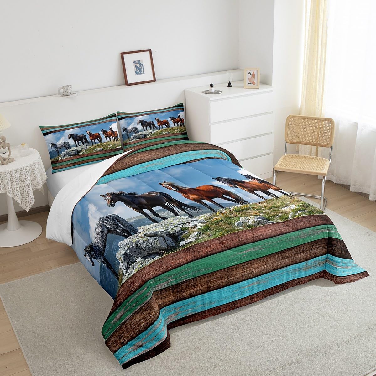 Wild Horse Comforter 3D Abstract Outdoor Animal Nature View Quilted Duvet for Men Women Adults Colorful Wood Stripes Rustic Style Bedding Set with 2 Pillowcases+1 Comforter King Size 3 Pcs