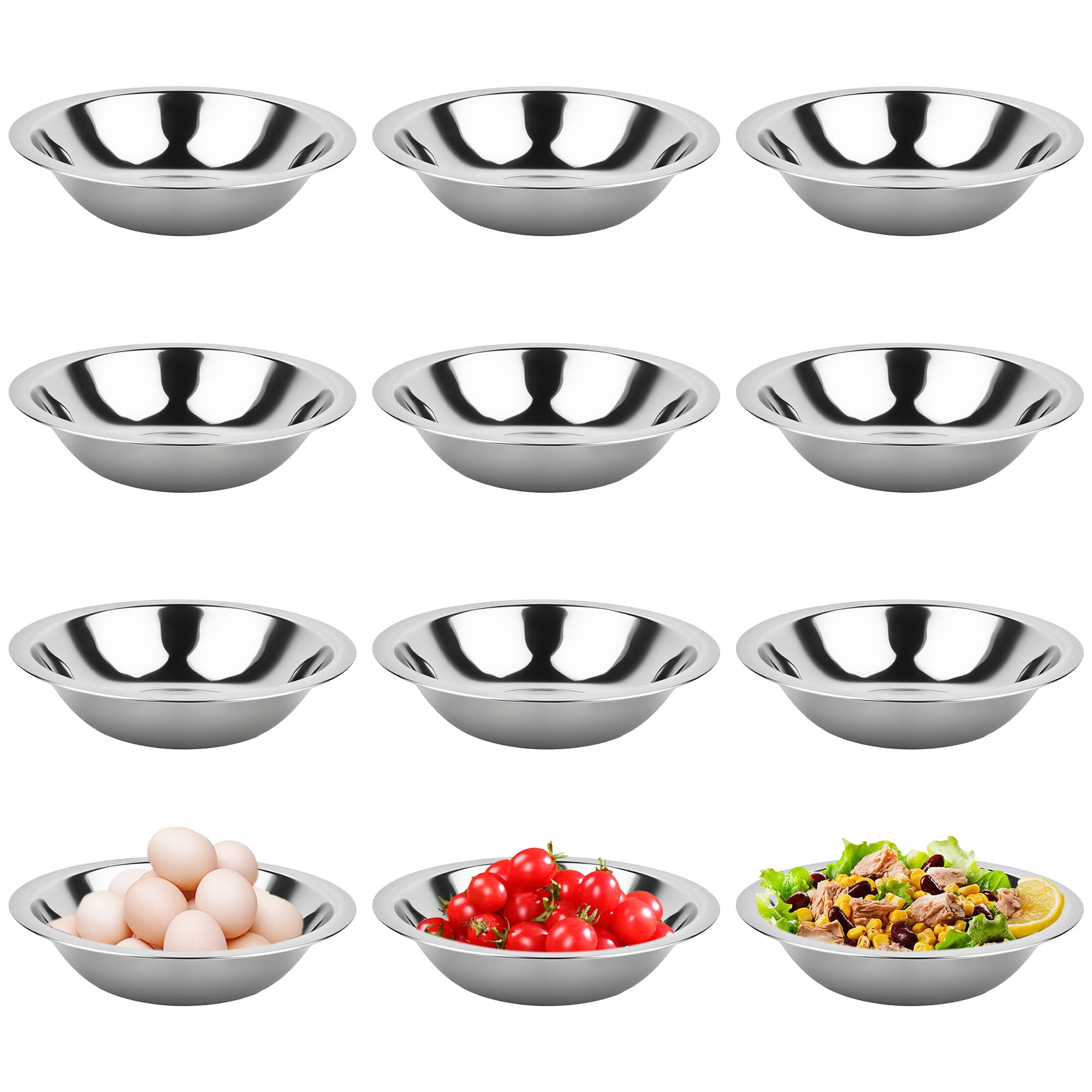 Axincardarm 12 Pcs Stainless Steel Dipping Bowls 16CM Small Metal Mixing Bowl with Flat Base, Silver Prep Bowls for Meal Prep, Kitchen, Cooking, Serving