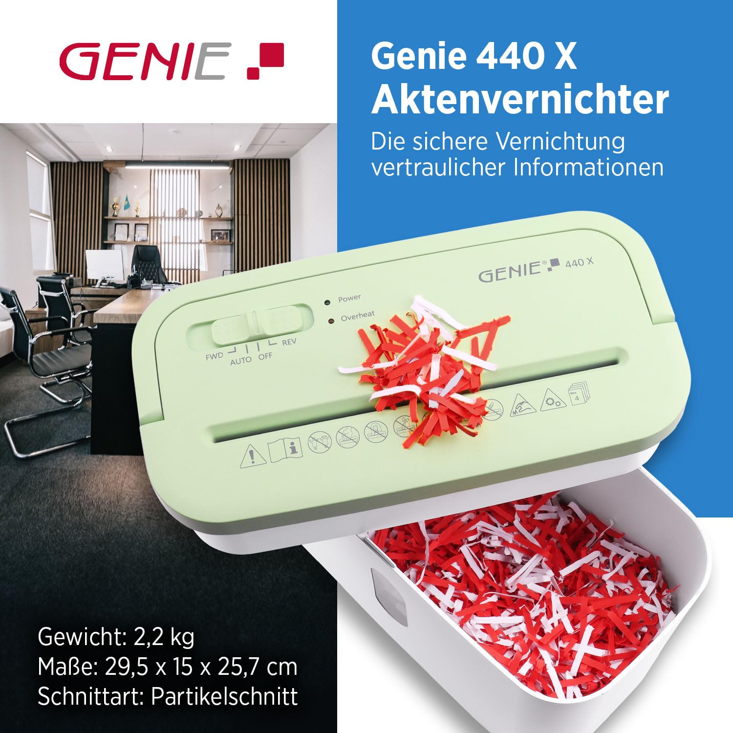GENIE destructeur de documents 440 x 38 mm Coupe à particules 4 x 38 mm Niveau de sécurité P-4 Silencieux 72 dB Broyeur compact mobile