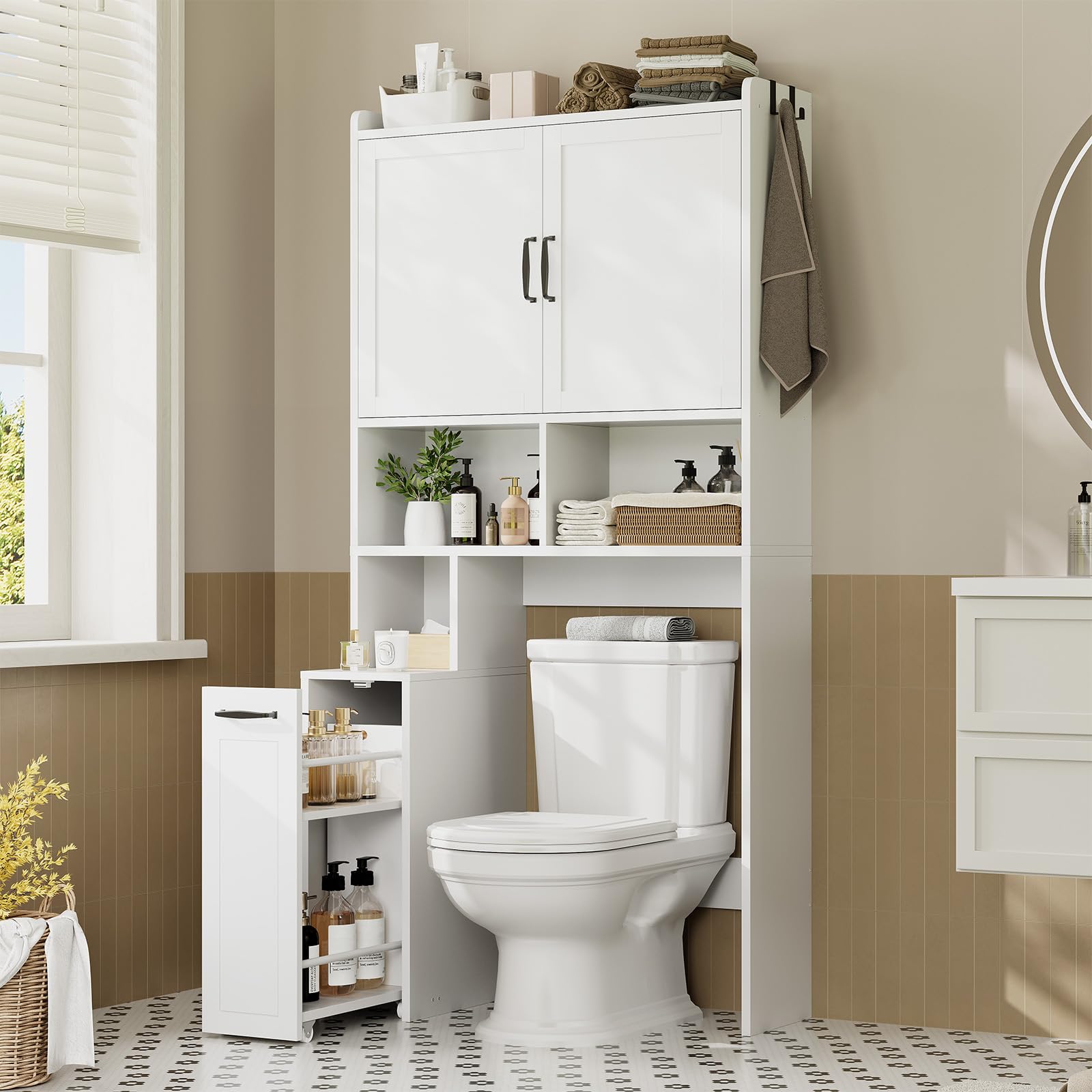 Over The Toilet Storage Cabinet with Rolling Storage Cart, Bathroom Organizers and Storage with Adjustable Shelf & Hooks, Above Toilet Rack for Bathroom, Restroom, Laundry, Save Space, White