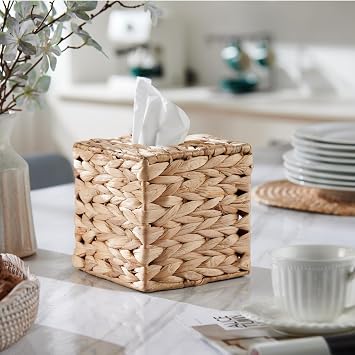 Tissue Box Cover Square, Rattan Tissue Box Holder -Boho Decorative Woven Facial Tissue Holder on Table and Bathroom by YANGQIHOME, 15cm L x 15cm W x 15cm H