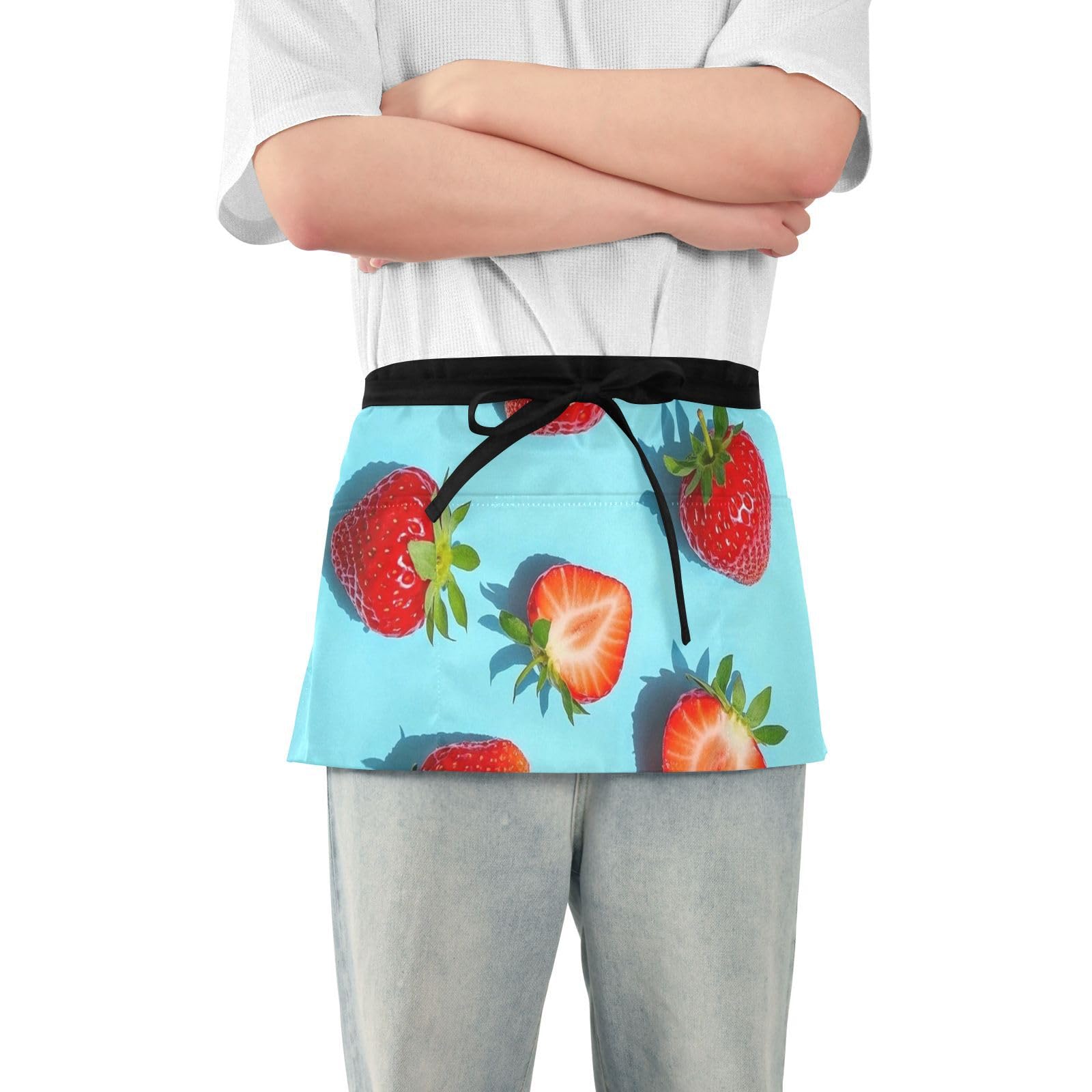 FASHON&FASCIN Server Apron with Pockets Waist Aprons Half Waitress Apron Strawberry Pattern for Gardening Restaurant,Multi16