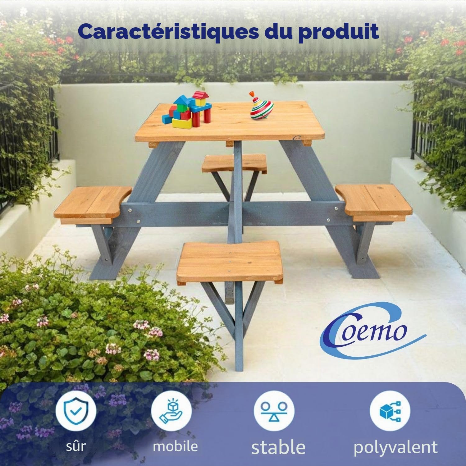 Coemo Table de pique-nique Romy Table de jardin en bois Marron