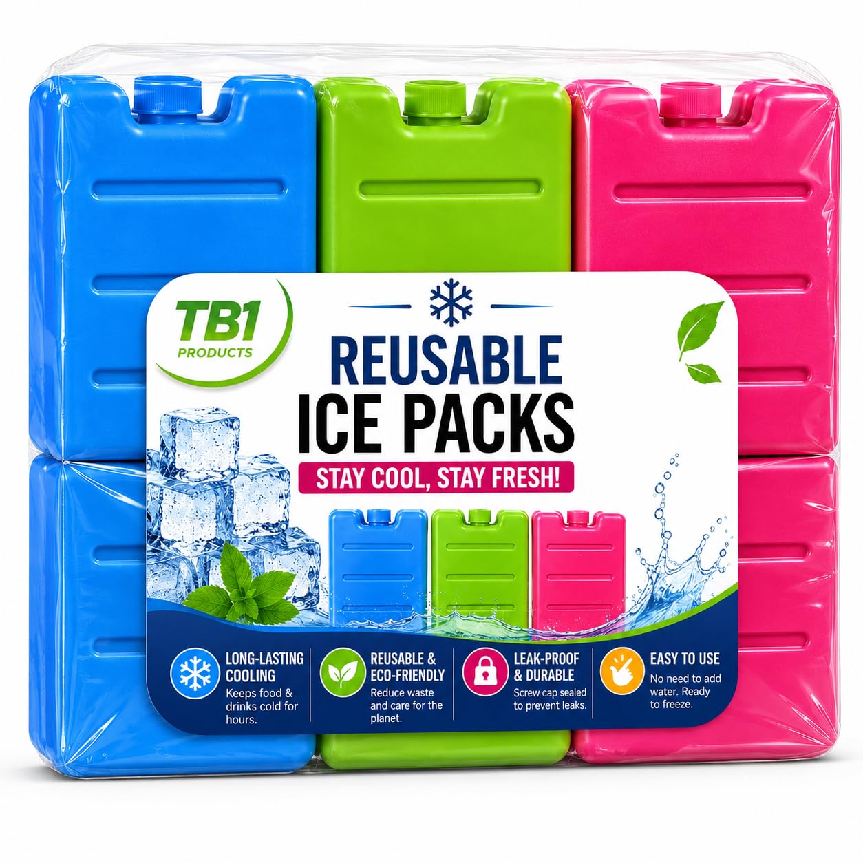 TB1 Products Reusable Ice Packs 12PK, 8cm Freezer Blocks for Cool Bags, Lunch Boxes & Cooler Boxes – Compact Reusable Ice Packs for Camping, Picnics, Beach & Travel