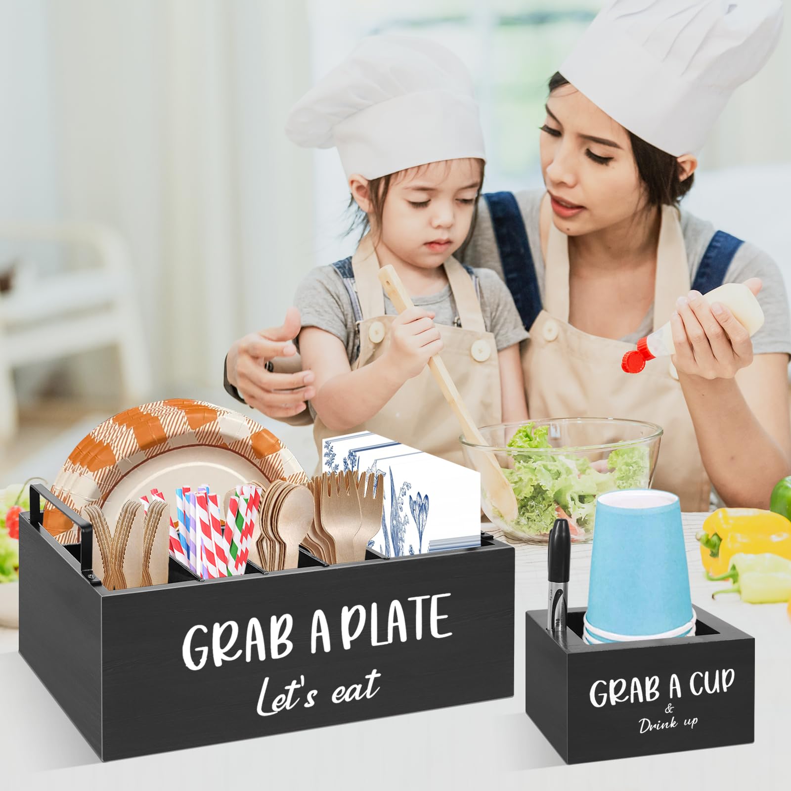 MEMOORIAL New Large Kitchen Utensil Holder, Kitchen Countertop Plate Organizer with Large Cup Holder, Paper Plate Holders, Disposable Dish and Cup Holder Utensil Caddy for Kitchen, Party, BBQ