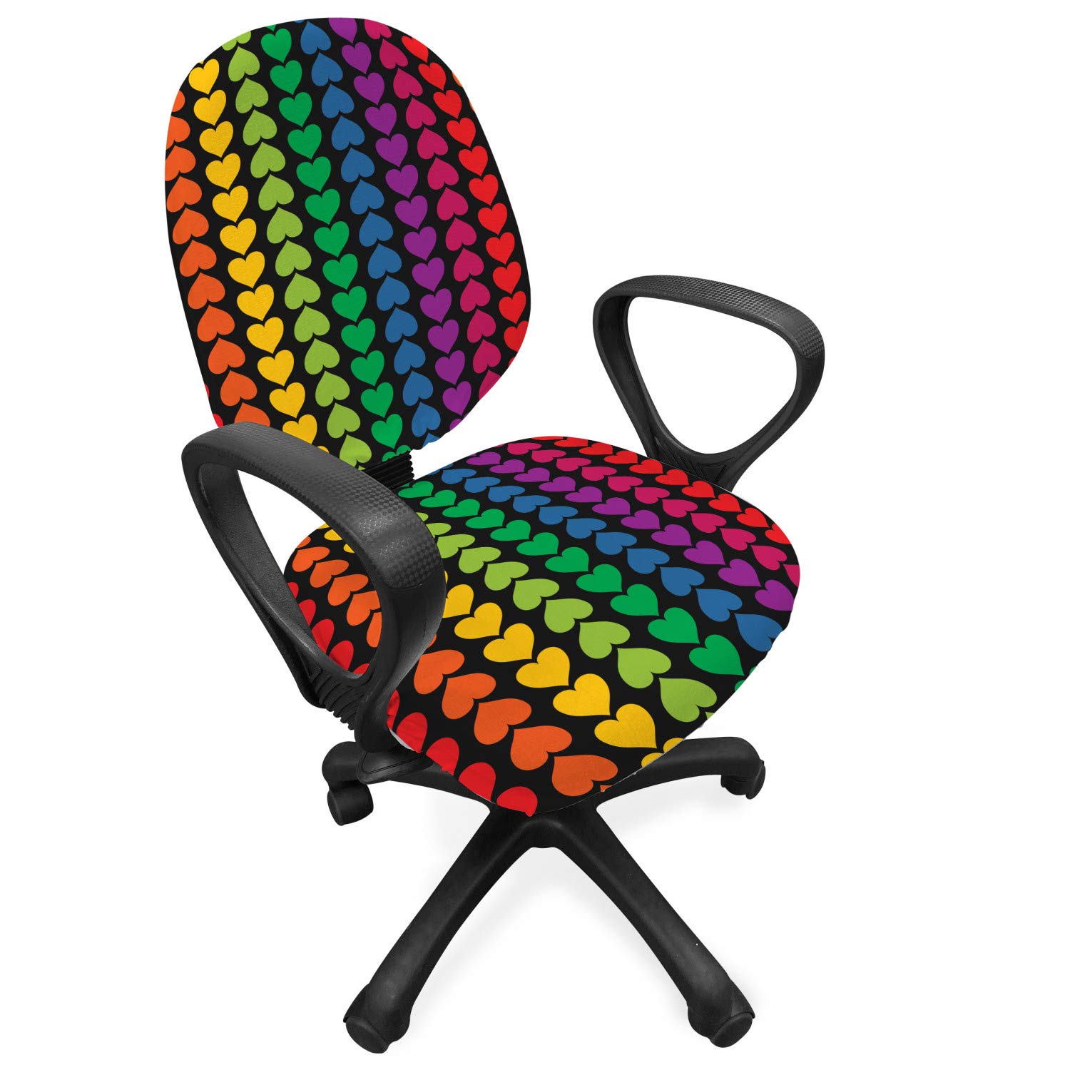Lunarable Hearts Office Chair Slipcover, Pride Parade Theme Rainbow Colored Vertical Little Hearts Creative Design, Protective Stretch Decorative Fabric Cover, Standard Size, Green Black