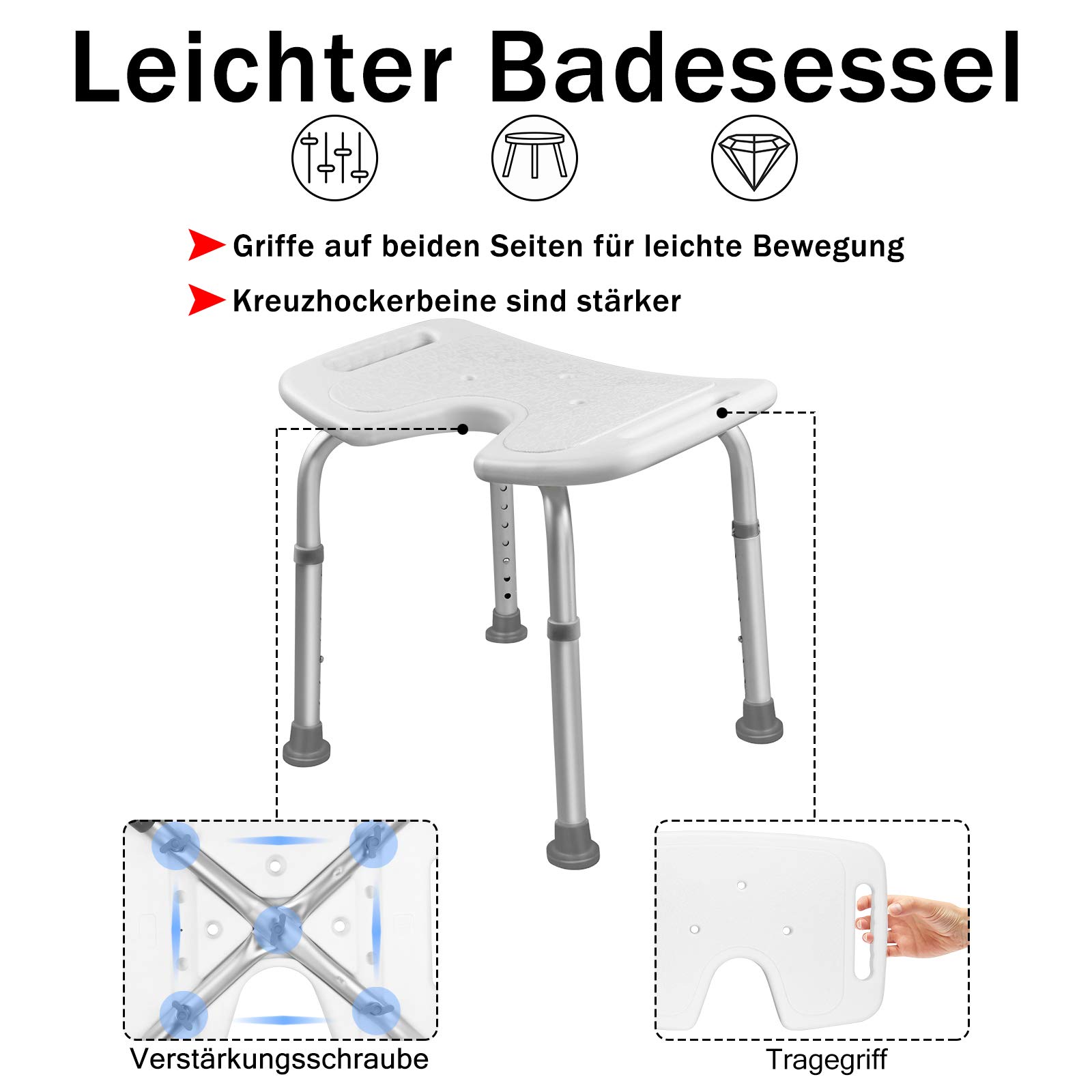 LZQ Duschhocker Duschstuhl Höhenverstellbar 35-51 cm Duschhocker Anti-Rutsch Badsitz Duschhilfe Duschsitz aus Alu und Kunststoff für Alter, Schwangere (Typ-3)