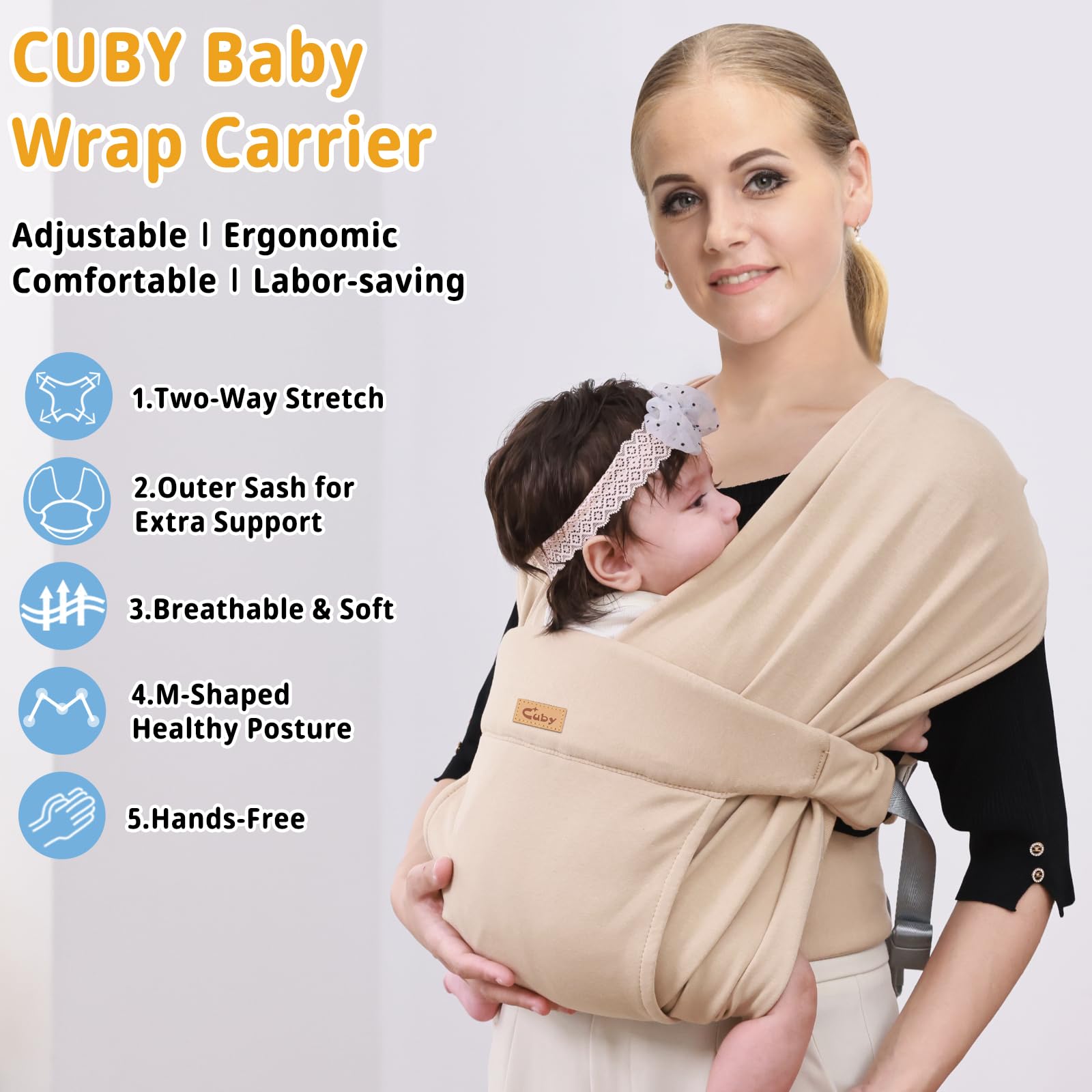 CUBY Babytrage mit halber Schnalle, ergonomische Schmetterlingsrückenform, verstellbare Kopf-Nackenstütze, Känguru-Front-Rucksack mit Kopfbedeckung, Kleinkind, Neugeborenenen-Sling bis zu 15,9 kg