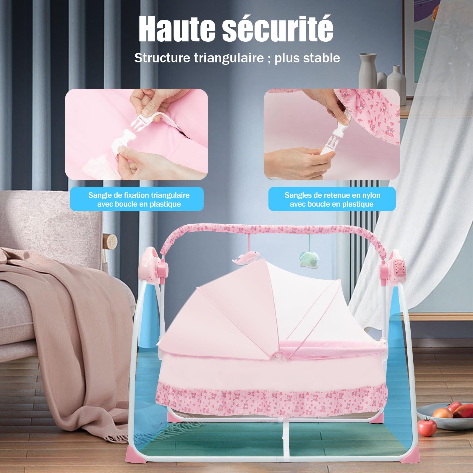 Berceau électrique pour bébé, lit Bebe indépendant, 0-25 kg, 100 * 75 * 86cm, transat Automatique avec Bluetooth, 5 réglages de Balancement, Berceau Pliable et Portable, Rose