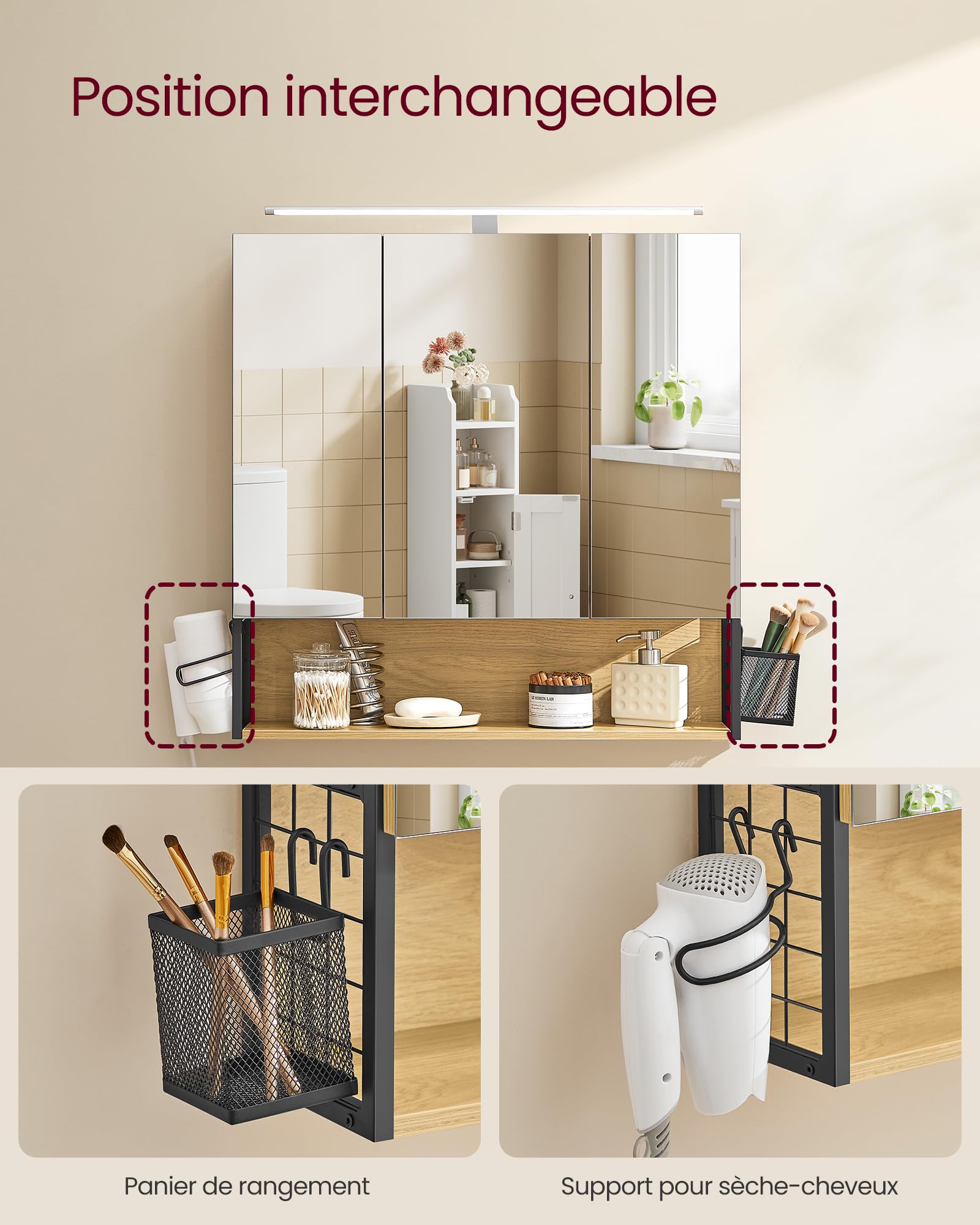 VASAGLE Armoire de Salle de Bain avec éclairage LED, 14,5 x 70 x 70 cm, Miroir 3 Portes, Meuble Mural avec Miroir, Prise, Panier, Support pour sèche-Cheveux, chêne Naturel BBK124Y01